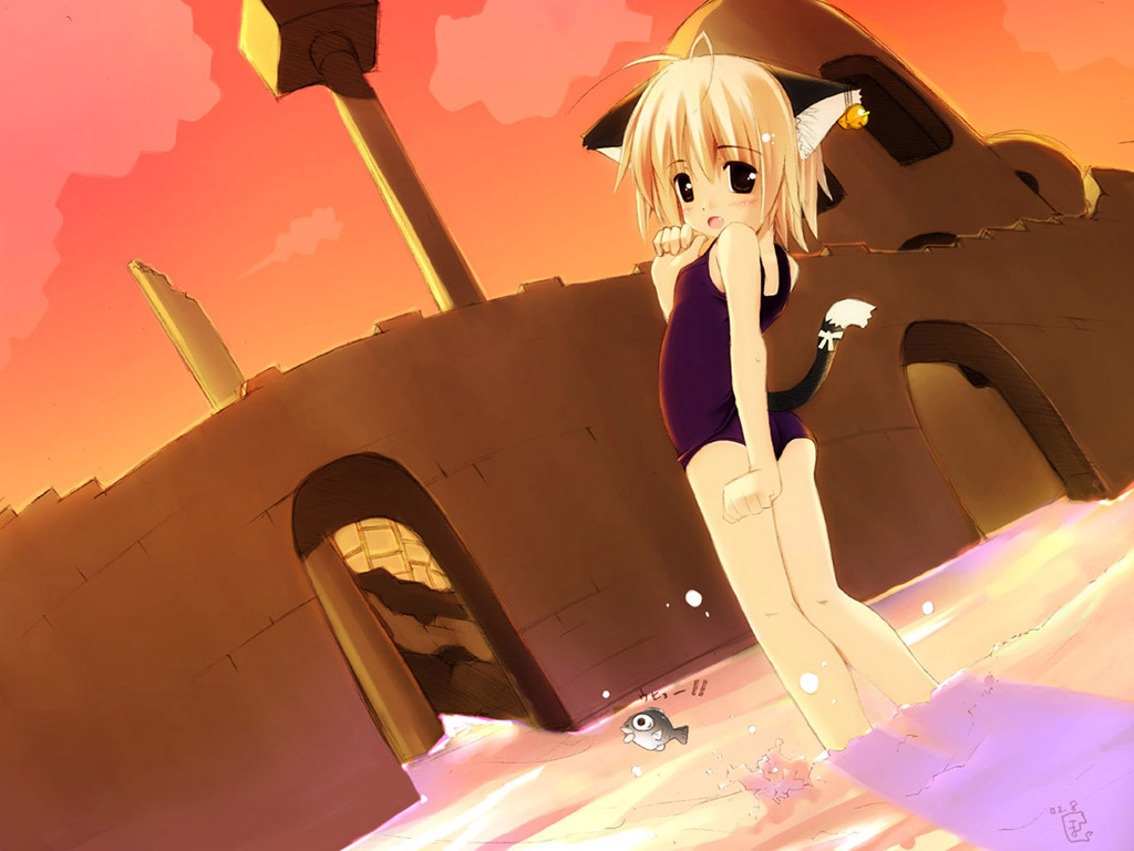 ahoge, animal ears, bell, black eyes, blonde hair, blush, bow, brown eyes, cat ears, cat tail, fang, fish, flat chest, short hair, swimsuit, tail, water, wet