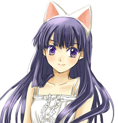 hazuki (tsukuyomi), tsukuyomi moonphase, lowres, 00s, 1girl, animal ears, cat ears, female focus, purple eyes, purple hair, simple background, solo