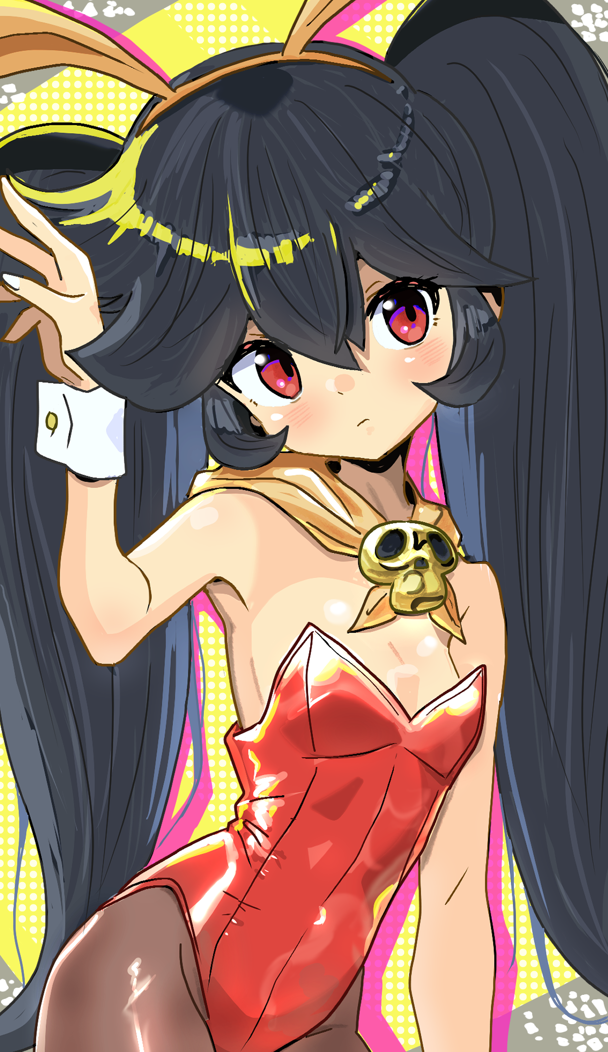 detesu, ashley (warioware), nintendo, warioware, 1girl, animal ears, arm at side, black hair, blush, brooch, closed mouth, fake animal ears, female focus, hair between eyes, hand up, head tilt, jewelry, leotard, long hair, neckerchief, orange neckerchief, pantyhose, playboy bunny, rabbit ears, red eyes, red leotard, sidelocks, skull brooch, solo, standing, strapless, strapless leotard, twintails, wrist cuffs