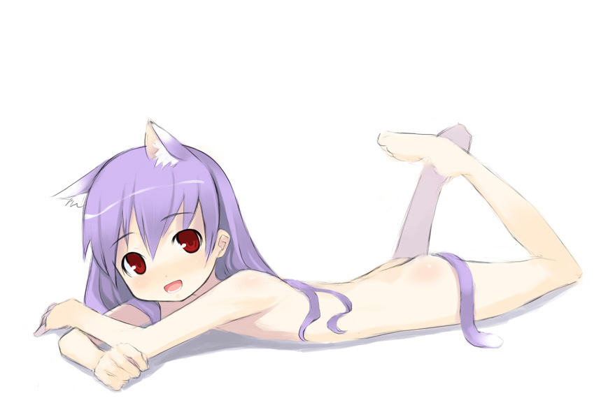 animal ears, barefoot, cat ears, cat tail, flat chest, loli, no panties, purple hair, red eyes, tail