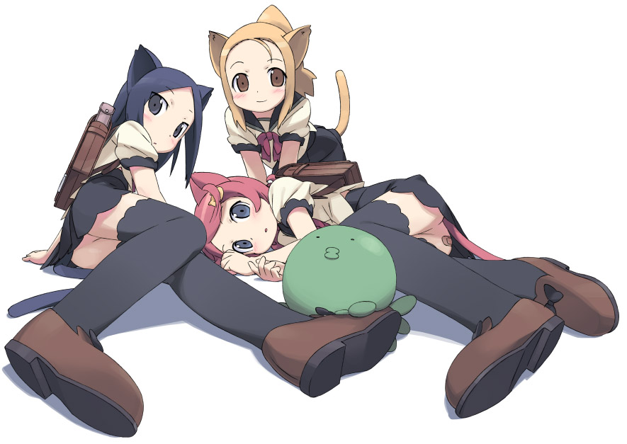 kanzaki hiro, 3girls, animal ears, backpack, bag, bandaid, black hair, blonde hair, blue eyes, blue hair, blush, brown eyes, cat ears, cat tail, full body, loli, lying, multiple girls, no panties, randoseru, red hair, school uniform, serafuku, simple background, tail, thighhighs, white background