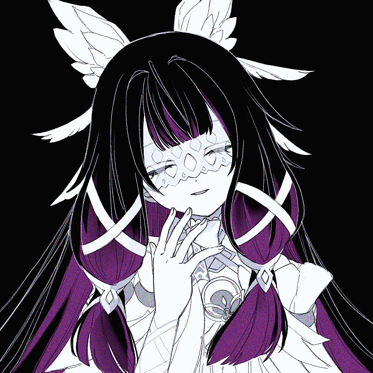 mxxu box, columbina (genshin impact), genshin impact, 1girl, black background, black hair, closed eyes, eye mask, hair ornament, hand up, head tilt, head wings, long hair, multicolored hair, open mouth, purple hair, smile, solo, streaked hair, two-tone hair, upper body, very long hair, white mask, wing hair ornament, wings, x-shaped eyewear, x hair ornament