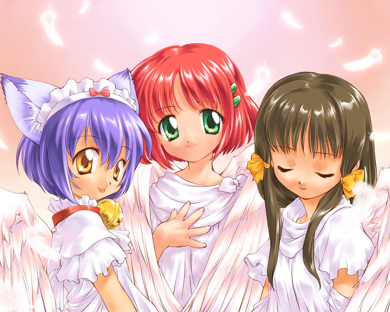 animal ears, bell, brown hair, cat ears, green eyes, purple hair, red hair, wings, yellow eyes
