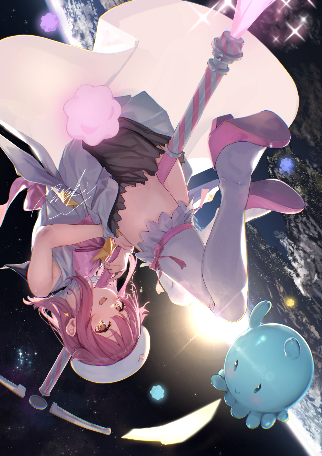 maki (maki pei), pleiadean, subaru (houkago no pleiades), houkago no pleiades, commentary request, highres, 1girl, :>, :d, black skirt, blush, bow, candy, cape, double-parted bangs, dress, earrings, earth (planet), facing another, flat chest, floating, food, hair between eyes, hat, holding, holding staff, jewelry, lens flare, looking at another, magical girl, open mouth, pink bow, pink eyes, pink hair, pink ribbon, pink shoes, planet, ribbon, shoes, short hair, sidelocks, signature, single earring, skirt, sleeveless, sleeveless dress, smile, space, sparkle, staff, star (sky), star (symbol), star earrings, sun, thighhighs, upside-down, white cape, white dress, white hat, white thighhighs, zettai ryouiki