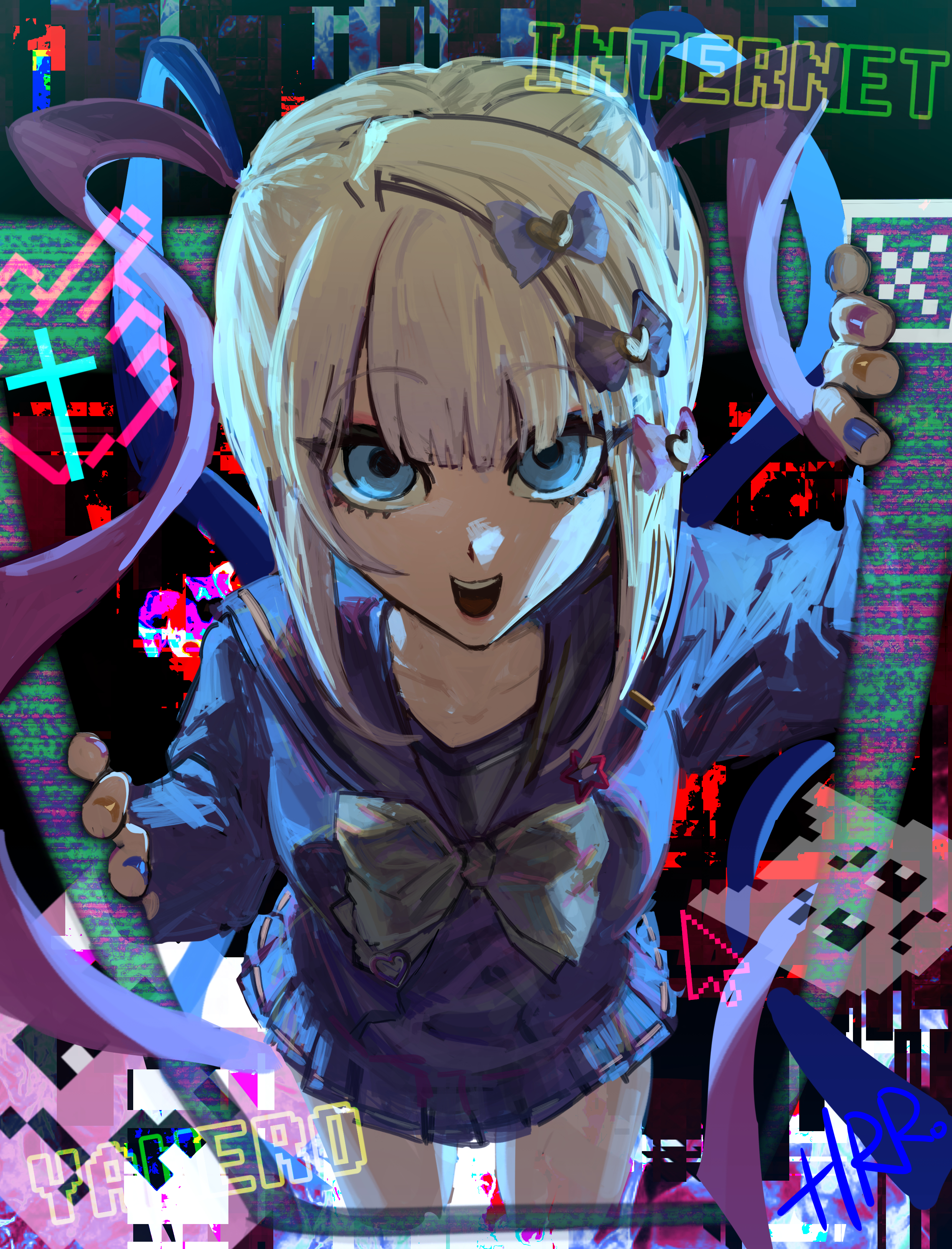 harari, chouzetsusaikawa tenshi-chan, needy girl overdose, absurdres, highres, 1girl, abstract background, artist name, blonde hair, blue bow, blue eyes, blue hair, blue serafuku, bow, collarbone, colorful background, cross, cursor, dark background, emoji, glitch, hair bow, hair ornament, hand cursor, heart, heart hair ornament, internet, internet yamero, latin cross, long hair, long sleeves, looking at viewer, multicolored hair, multicolored nails, multiple hair bows, open mouth, pink bow, pink hair, purple bow, quad tails, sailor collar, school uniform, serafuku, shirt, signature, skirt, smile, solo, through medium, through screen, window (computing), yellow bow
