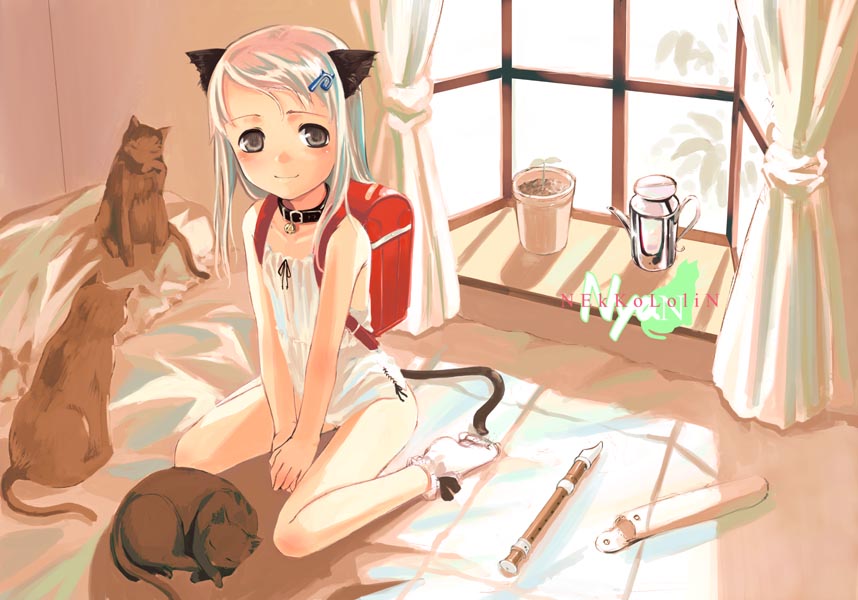 sody, 1girl, animal ears, backpack, bag, bell, blonde hair, brown eyes, camisole, cat, cat ears, cat tail, collar, dress, female focus, flute, hair ornament, hairpin, instrument, loli, plant, potted plant, randoseru, recorder, solo, tail, white dress, window