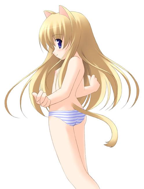 1girl, animal ears, ass, back, blonde hair, blue eyes, blue panties, blush, cat ears, cat girl, cat tail, from behind, loli, long hair, looking at viewer, looking back, nipples, panties, smile, striped clothes, striped panties, tail, topless female, underwear, white background, white panties