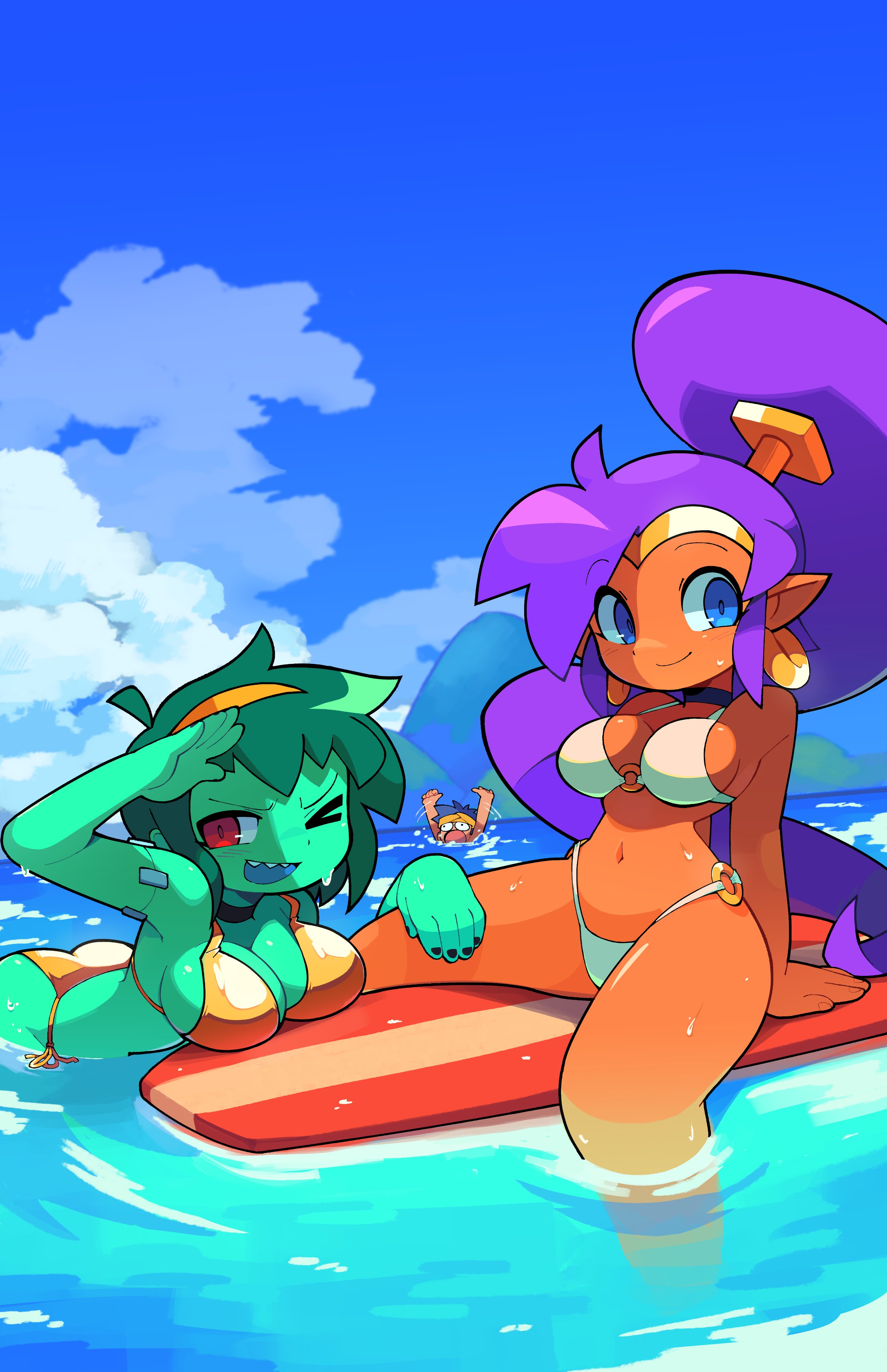 bacun, bolo (shantae), rottytops, shantae, shantae (series), absurdres, highres, 1boy, 2girls, ;d, arm support, ass, big hair, bikini, black choker, blue eyes, blue skin, blue sky, breasts, choker, cleavage, closed mouth, cloud, cloudy sky, colored skin, dark-skinned female, dark skin, day, earrings, green hair, green skin, hairband, high ponytail, hoop earrings, inflatable raft, jewelry, kickboard, large breasts, long hair, looking at viewer, medium breasts, multiple girls, navel, o-ring, o-ring bikini, o-ring bottom, o-ring top, ocean, one eye closed, open mouth, orange bikini, orange hairband, outdoors, partially submerged, pointy ears, ponytail, purple hair, red eyes, sharp teeth, short hair, side-tie bikini bottom, sitting, skull earrings, sky, smile, surfboard, surfing, swimsuit, teeth, upper teeth only, very long hair, water, wet, white bikini, yellow bikini, yellow hairband, zombie