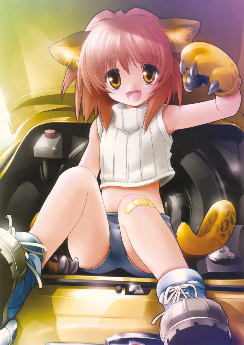 trunk, highres, animal ears, animal hands, bandaid, blue shoes, brown eyes, brown hair, car, cat ears, fang, fangs, gloves, loli, motor vehicle, paw gloves, red hair, shoes, short hair, shorts, spare tire, tail, tank top, tennis shoes, unused tire, yellow eyes