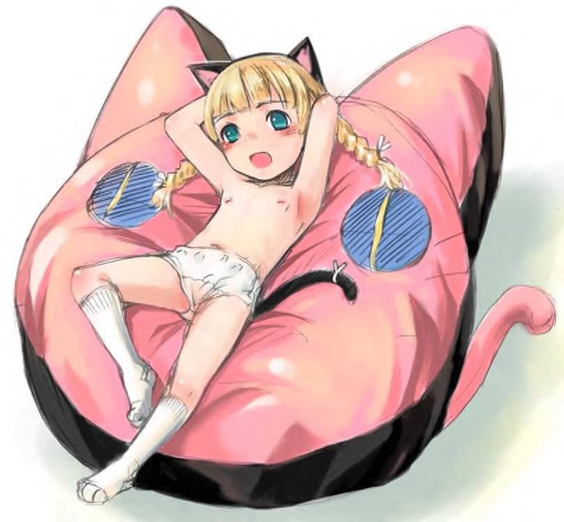 sody, jpeg artifacts, animal ears, armpits, blonde hair, blue eyes, cat ears, cat tail, flat chest, loli, panties, pillow, socks, tail, twintails, underwear, white panties