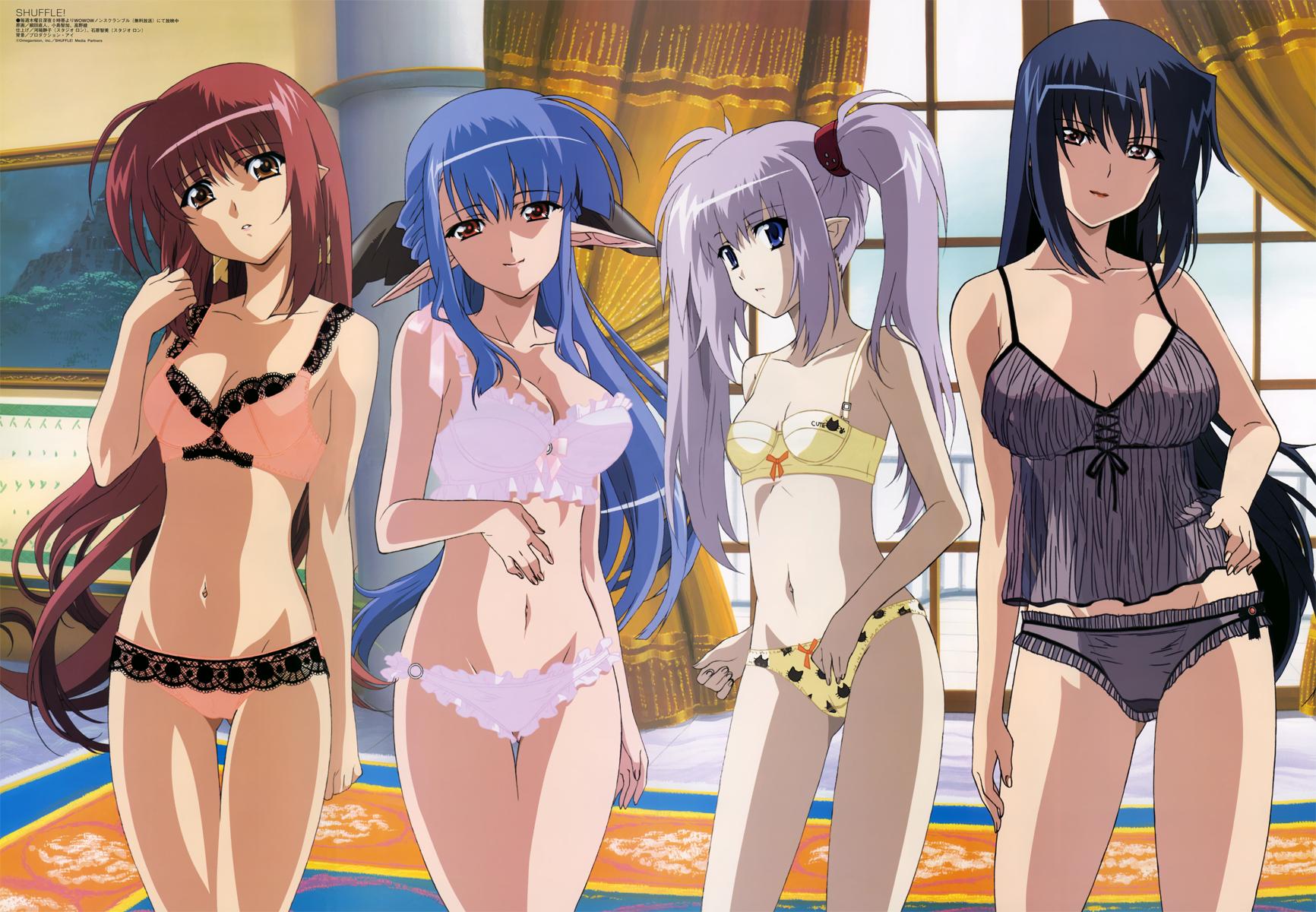hosoda naoto, benibara nadeshiko, lisianthus, nerine, primula, megami magazine, shuffle!, silver hair, highres, official art, scan, 00s, 4girls, adjusting hair, age difference, ahoge, animal print, black hair, black panties, blue eyes, blue hair, bow, bow bra, bow panties, bra, breasts, breasts apart, brown eyes, brown hair, camisole, cat print, cleavage, clenched hand, closed mouth, clothes writing, covered erect nipples, cowboy shot, curtains, frilled bra, frilled panties, frills, grey panties, groin, hair between eyes, hair ribbon, hair tie, half updo, hand on own hip, head tilt, hip focus, indoors, lace, lace-trimmed bra, lace-trimmed panties, lace trim, large breasts, light smile, lineup, lingerie, lipstick, long hair, long pointy ears, looking at viewer, makeup, mature female, multiple girls, navel, painting (object), pale skin, panties, parted lips, pink bra, pink panties, pointy ears, print panties, purple eyes, purple hair, red eyes, red hair, ribbon, rug, see-through clothes, sidelocks, small breasts, smile, standing, teacher, thigh gap, twintails, underwear, underwear only, very long hair, white bra, white panties, window, yellow bra, yellow panties