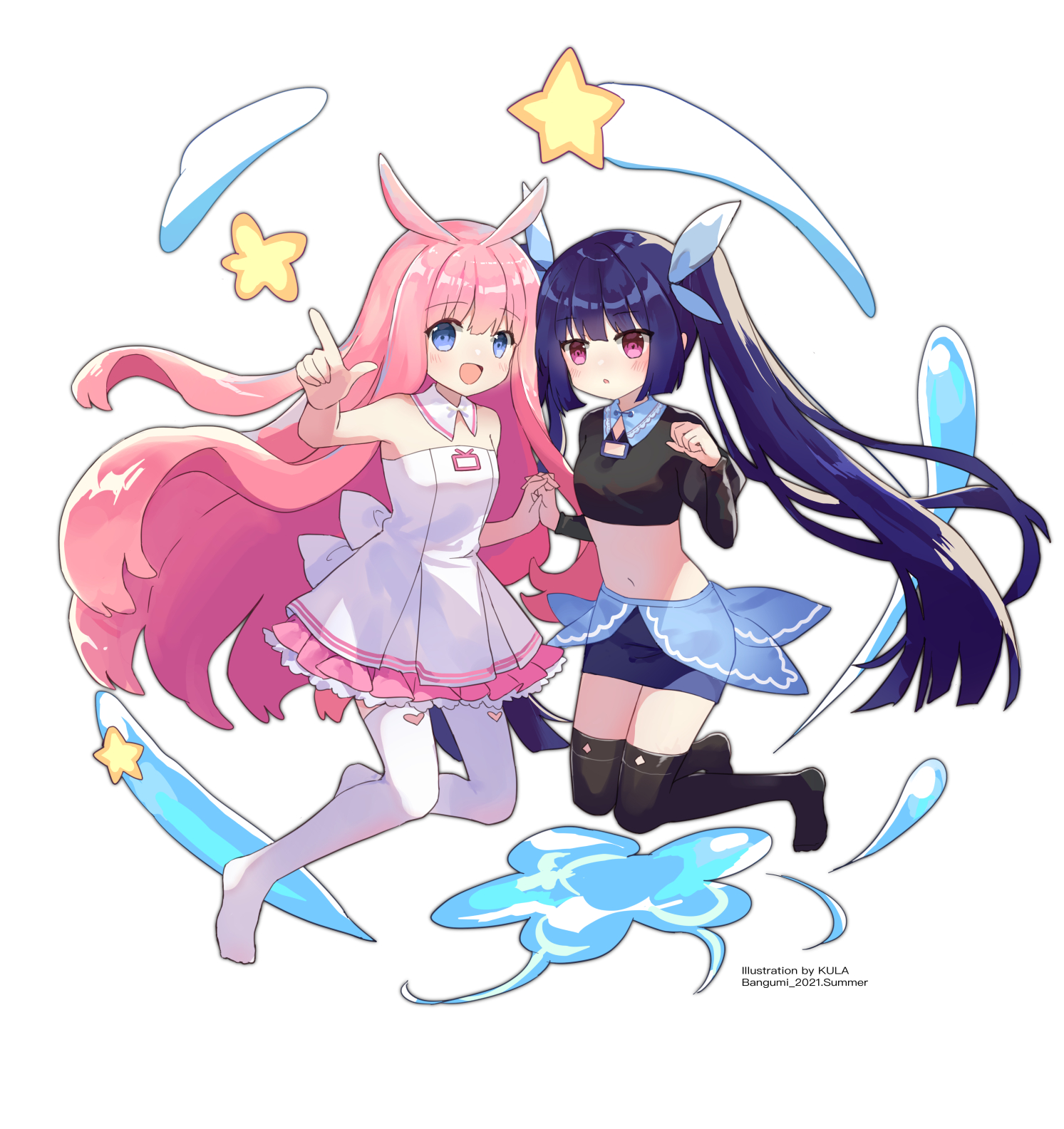 kkkula (kula), bangumi girl, bangumi.tv, chinese commentary, commentary request, highres, official art, 2021, 2girls, alternate costume, antenna hair, aqua collar, aqua overskirt, aqua ribbon, aqua skirt, artist name, back bow, bare arms, bare shoulders, black shirt, black sleeves, black thighhighs, blake inside bangumi girl, blue eyes, blue hair, blue sky, blunt bangs, blunt ends, blunt sidelocks, blush, bow, breasts, clenched hand, clothing cutout, collar, cropped shirt, detached collar, diamond (shape), diamond cutout, double-parted bangs, dress, dress bow, english text, flower, full body, hair ribbon, heart cutout, holding hands, impasto, jitome, juliet sleeves, knees together feet apart, layered clothes, legs apart, long hair, long sleeves, midair, midriff, miniskirt, multiple girls, narrow waist, navel, no nose, no shoes, open mouth, overskirt, parted lips, pencil skirt, petticoat, pink eyes, pink hair, pink skirt, pleated dress, pointing, puffy sleeves, ribbon, see-through clothes, see-through skirt, shirt, sidelocks, simple background, skinny, skirt, sky, small breasts, star (symbol), strapless, strapless dress, tareme, television print, thighhighs, tongue, twintails, v-neck, very long hair, white background, white bow, white collar, white dress, white petticoat, white thighhighs, wing collar