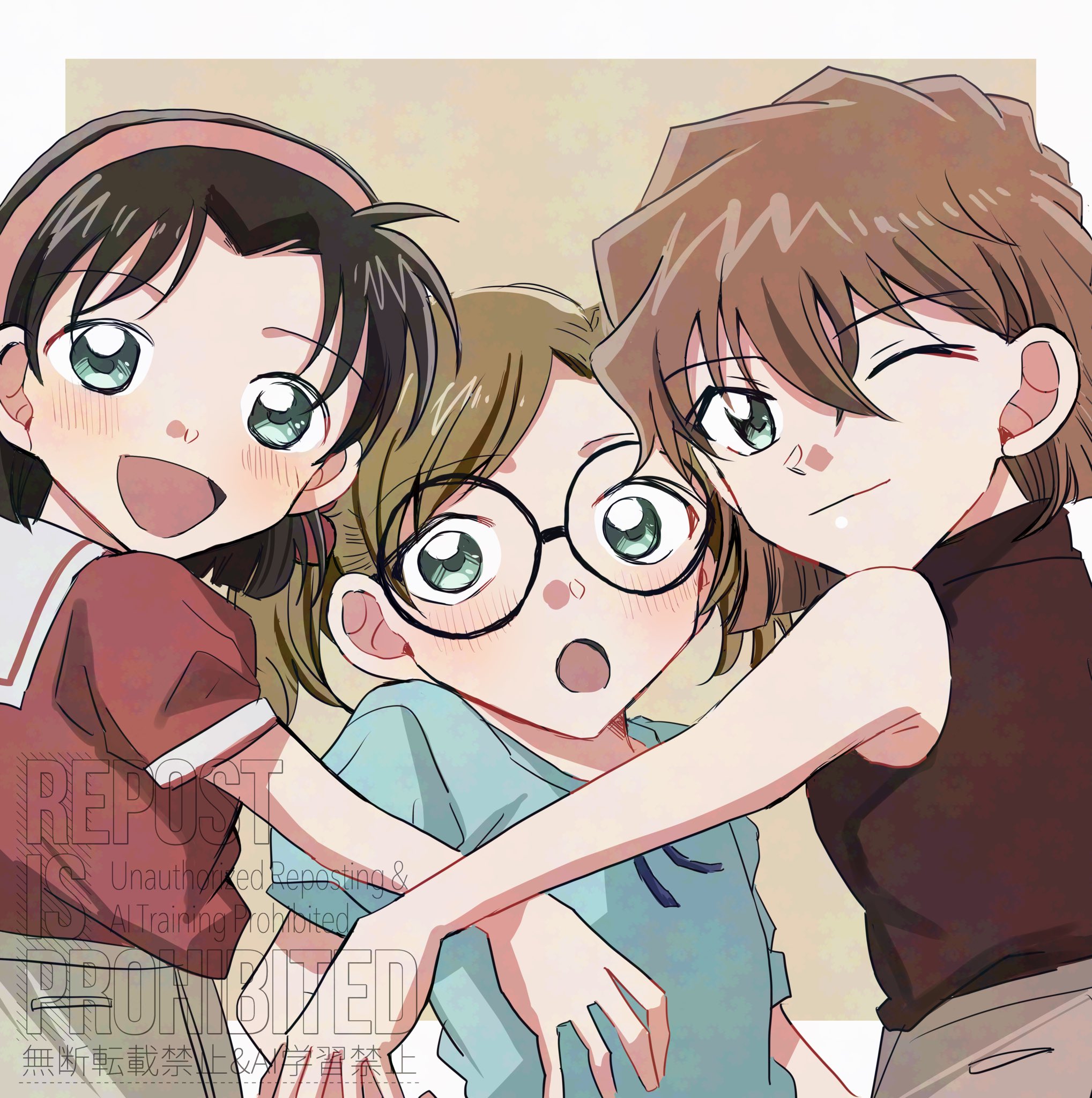 beeemaru02, haibara ai, higashio maria, yoshida ayumi, meitantei conan, highres, 3girls, :d, :o, ;), aqua shirt, black-framed eyewear, black hair, blush, border, brown background, brown hair, brown shirt, brown shorts, brown skirt, closed mouth, cowboy shot, glasses, green eyes, hairband, looking at viewer, multiple girls, one eye closed, open mouth, outside border, pink hairband, red shirt, round eyewear, shirt, short hair, short sleeves, shorts, skirt, sleeveless, sleeveless shirt, smile, standing, twintails, watermark, white border