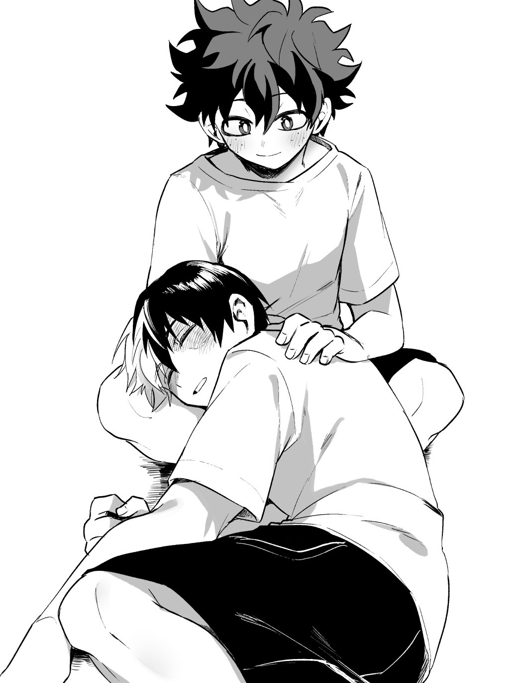 midoriya izuku, todoroki shoto, boku no hero academia, blush, freckles, kotanene, looking at another, lying on lap, scar, shirt, shorts, sleeping, smile, sportswear, tododeku, yaoi