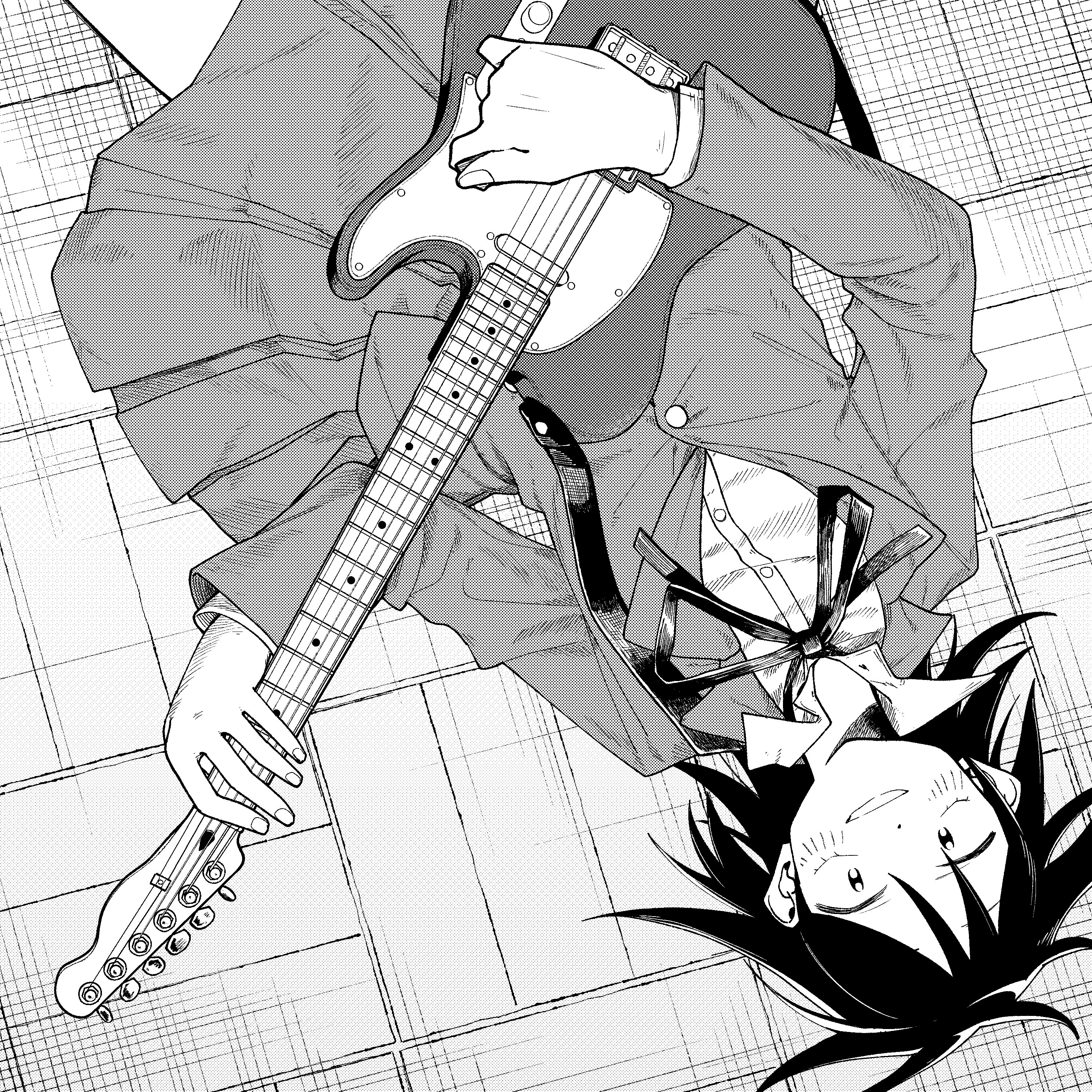 mangakashibou, hatono chihiro, futsuu no keion-bu, absurdres, commentary request, highres, 1girl, blazer, collared shirt, dress shirt, electric guitar, fender telecaster, from above, greyscale, guitar, holding, holding guitar, holding instrument, holding plectrum, instrument, jacket, lapels, long sleeves, lying, medium hair, monochrome, neck ribbon, notched lapels, on back, plectrum, ribbon, school uniform, screentones, shirt, smile, solo, wing collar, winter uniform