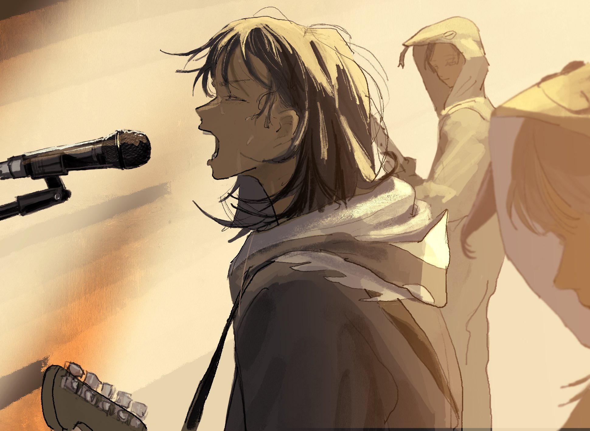 fujii ayame, hatono chihiro, kouyama rin, futsuu no keion-bu, commentary request, highres, 3girls, animal costume, black hair, closed eyes, cosplay, electric guitar, feet out of frame, from side, guitar, guitar strap, hood, hood down, hood up, instrument, kigurumi, microphone, multiple girls, music, official alternate costume, open mouth, singing, snake costume, standing, upper body, zuruiya
