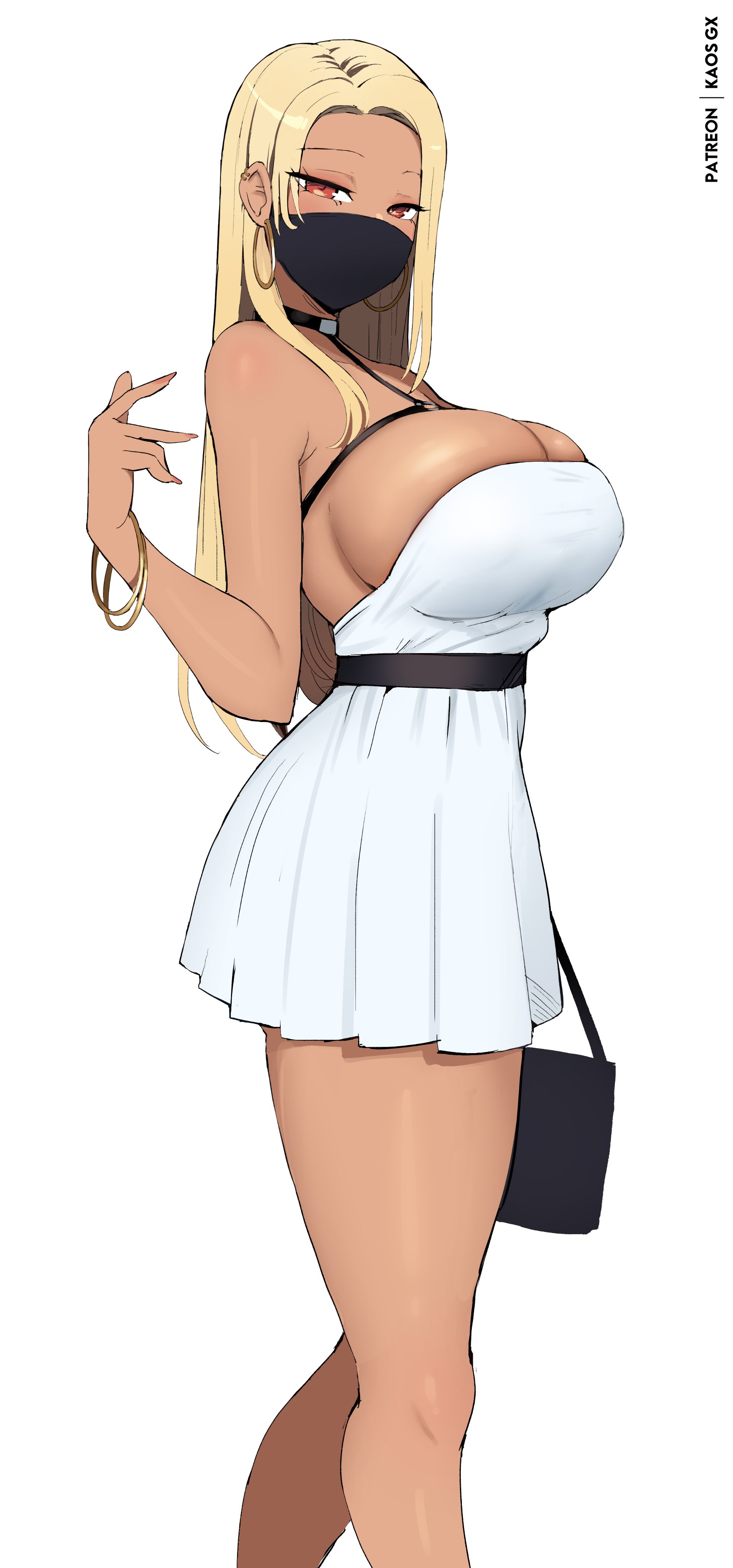 kaos art, original, absurdres, highres, 1girl, bag, bare shoulders, black choker, blonde hair, border, bracelet, breasts, choker, cleavage, dress, earrings, hair behind ear, handbag, hoop earrings, jewelry, large breasts, long hair, looking at viewer, mask, mouth mask, patreon username, simple background, standing, strap, tall female, tan, white background, white dress