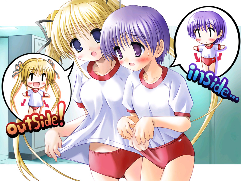 shibugaki matsuri, tachibana chihiro, tsuki wa higashi ni hi wa nishi ni, 2girls, blonde hair, blue eyes, breasts, buruma, chibi, collarbone, gym uniform, hair ribbon, locker, locker room, long hair, multiple girls, operation sanctuary, purple eyes, purple hair, red buruma, ribbon, shirt, shirt tucked in, short hair, short sleeves, small breasts, twintails, white shirt