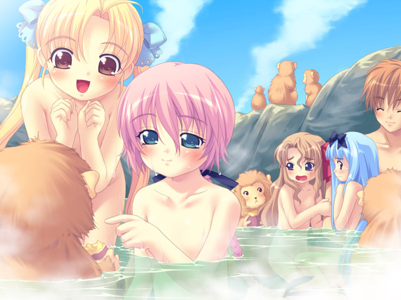 nonohara miki, tagme, 1boy, 4girls, blonde hair, blue hair, cloud, everyone, loli, monkey, multiple girls, onsen, pink hair, scared, smile