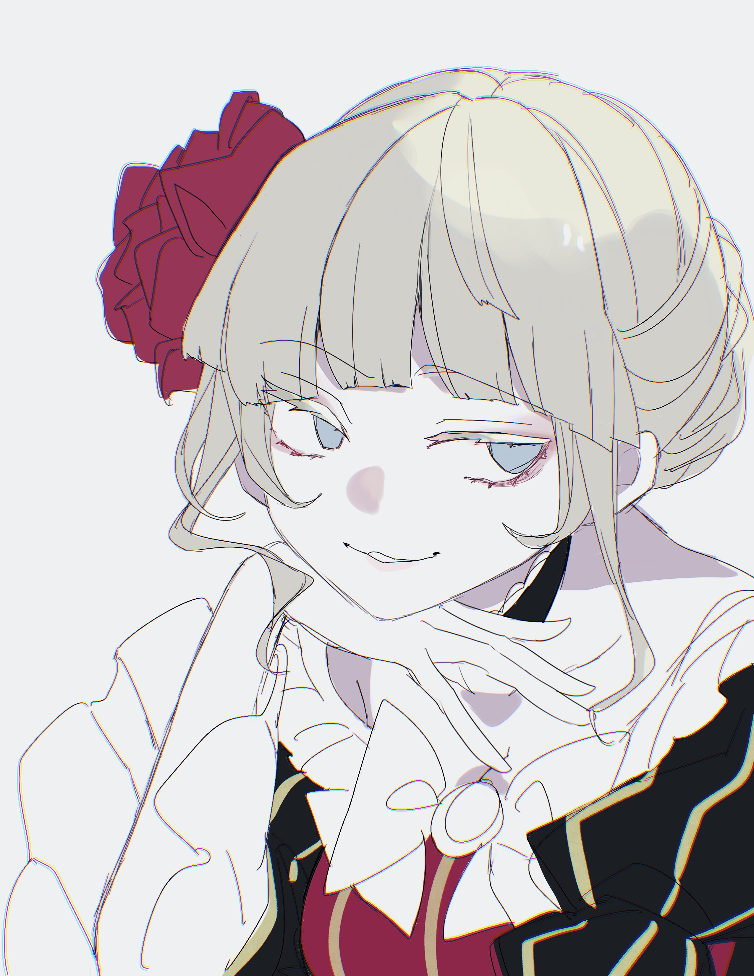 tukijirou960, beatrice (umineko), umineko no naku koro ni, absurdres, commentary request, highres, partial commentary, 1girl, blonde hair, blue hair, bow, bowtie, choker, flower, frilled choker, frilled sleeves, frills, hair flower, hair ornament, head rest, red flower, red rose, rose, simple background, smile, solo