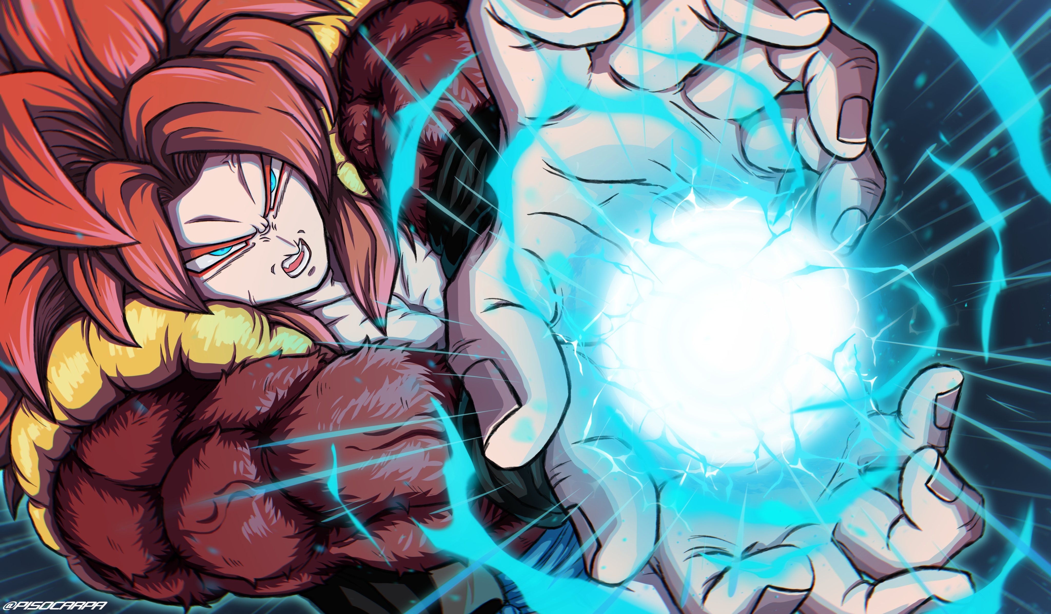 gogeta, dragon ball, dragon ball gt, absurdres, highres, 1boy, abs, blue eyes, blue sash, body fur, kamehameha (dragon ball), long hair, male focus, metamoran vest, monkey boy, muscular, muscular male, pectorals, pisocarpa, red hair, saiyan, sash, solo, spiked hair, super saiyan, super saiyan 4