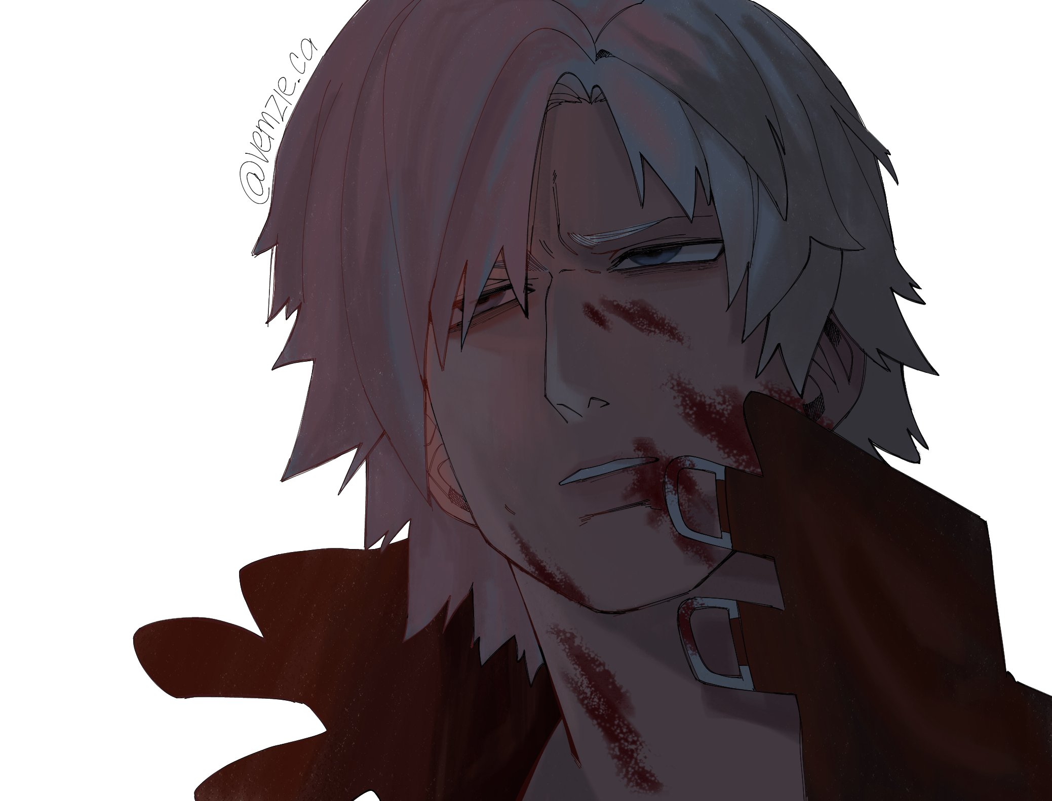 dante (devil may cry), devil may cry, devil may cry (series), devil may cry 2, highres, 1boy, blood, blood on face, blue eyes, close-up, coat, eyelashes, hair between eyes, looking at viewer, male focus, medium hair, open mouth, portrait, red coat, simple background, upper body, vemzie cab, white background, white hair