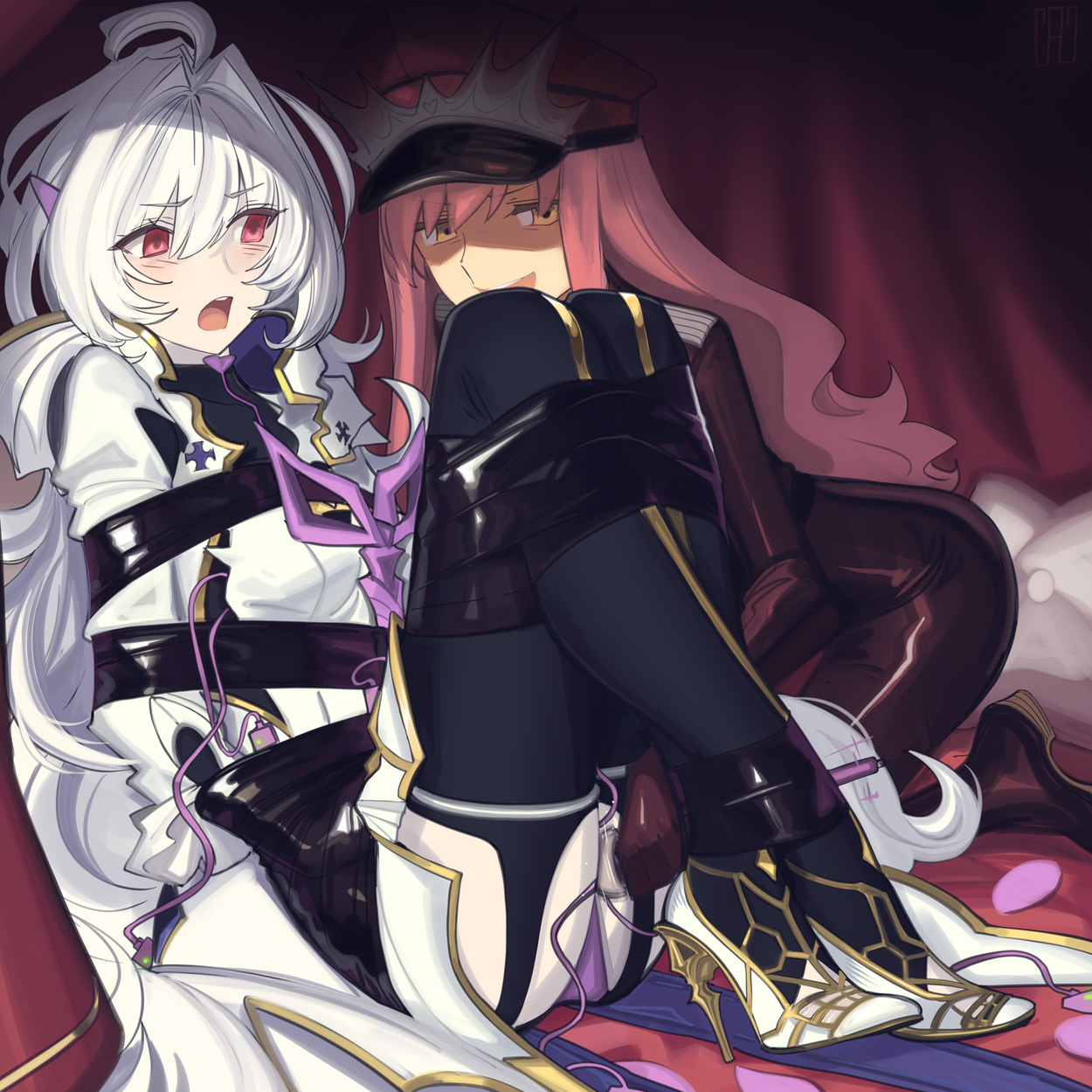 cad (caddo), medb (alluring chief warden look) (fate), medb (fate), merlin (fate/prototype), fate/grand order, fate (series), highres, 2girls, ahoge, arms behind back, black pants, blush, breasts, hat, hitachi magic wand, long hair, long sleeves, medium breasts, multiple girls, open mouth, pants, peaked cap, pink hair, pointy ears, red eyes, red hat, robe, sex toy, sidelocks, smile, tiara, very long hair, vibrator, white hair, white robe, wide sleeves, yellow eyes
