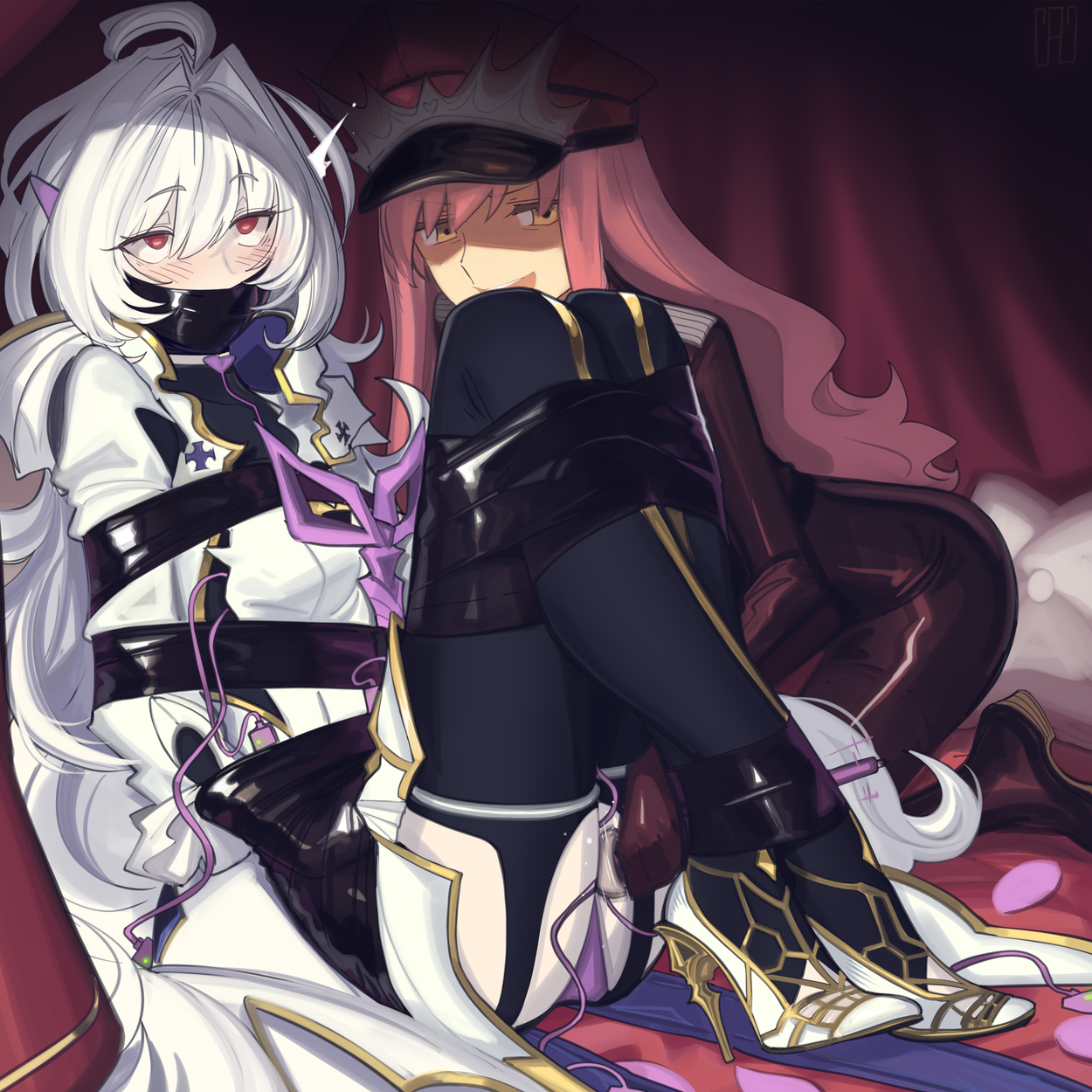 cad (caddo), medb (alluring chief warden look) (fate), medb (fate), merlin (fate/prototype), fate/grand order, fate (series), highres, 2girls, ahoge, alternate costume, arms behind back, black bodysuit, black pants, blush, bodysuit, breasts, cable, gag, hat, high heels, hitachi magic wand, improvised gag, long hair, long sleeves, medium breasts, multiple girls, open mouth, pants, peaked cap, pink hair, pointy ears, red eyes, red hat, restrained, robe, rolling eyes, sex toy, shaded face, sidelocks, smile, tape, tape gag, tiara, very long hair, vibrator, vibrator under clothes, white hair, white robe, wide sleeves, yellow eyes