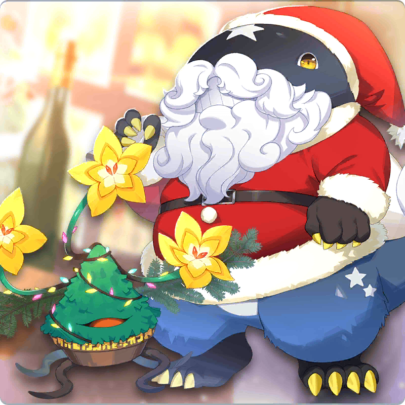 plant (monster farm), zilla (monster farm), line: monster farm, monster farm, official art, christmas, christmas tree, gujilaus (monster farm), hat, land whale, mitsuboshiso (monster farm), monster, plant monster, sack, santa costume, santa hat