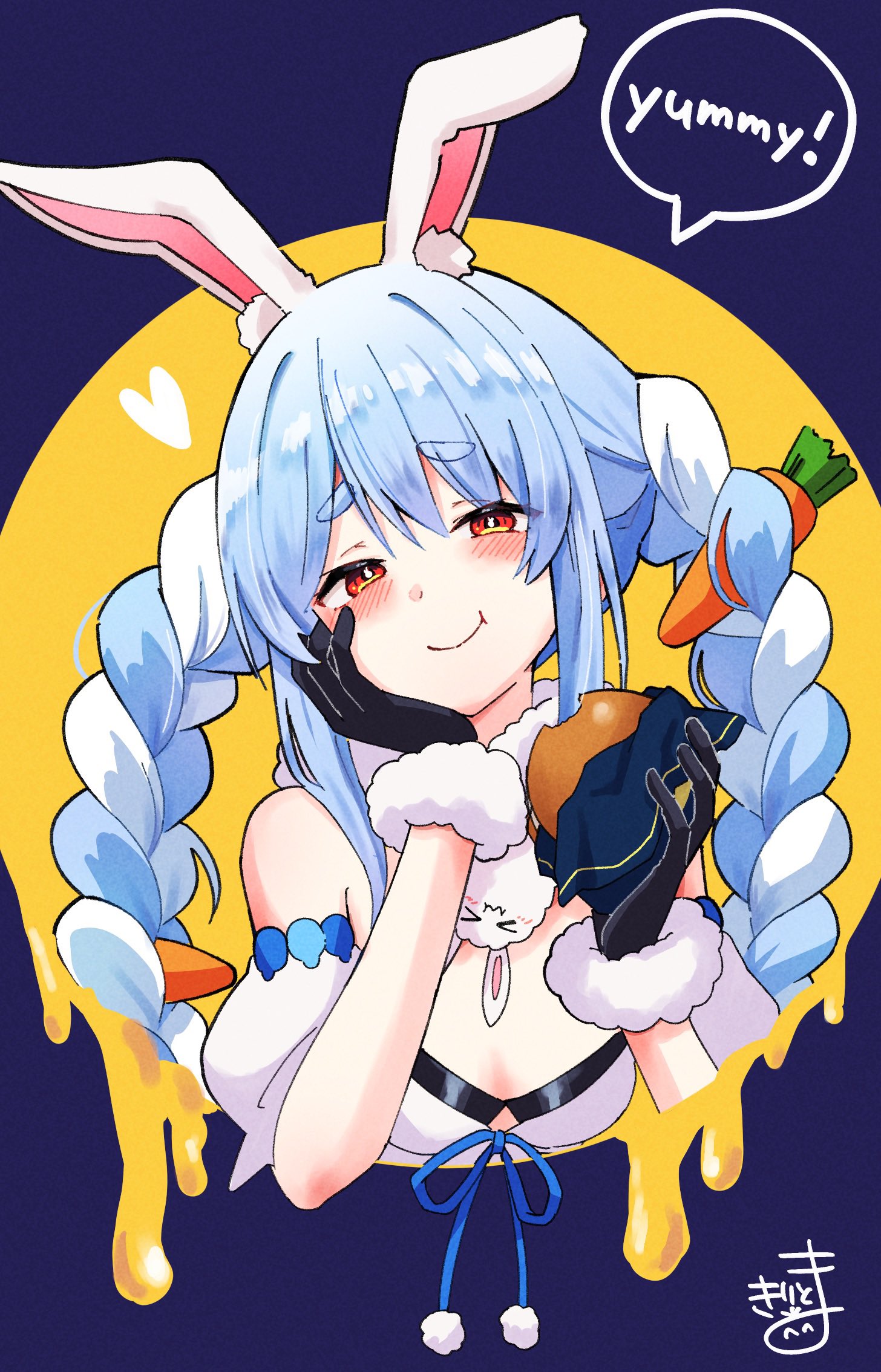 kiritoma, don-chan (usada pekora), usada pekora, usada pekora (1st costume), hololive, commentary, highres, > <, 1girl, animal ear fluff, animal ears, bare shoulders, black gloves, black leotard, blue hair, blush, braid, breasts, carrot hair ornament, detached sleeves, dress, english text, food, food-themed hair ornament, full moon, fur-trimmed gloves, fur trim, gloves, hair between eyes, hair ornament, half-closed eyes, hand on own face, hands up, head tilt, holding, holding food, leotard, looking at viewer, melting, moon, multicolored hair, puffy short sleeves, puffy sleeves, purple background, rabbit-shaped pupils, rabbit ears, red eyes, short eyebrows, short sleeves, signature, small breasts, solo, strapless, strapless dress, strapless leotard, symbol-shaped pupils, thick eyebrows, tsukimi burger, twin braids, twintails, two-tone hair, upper body, virtual youtuber, white dress, white hair, white sleeves