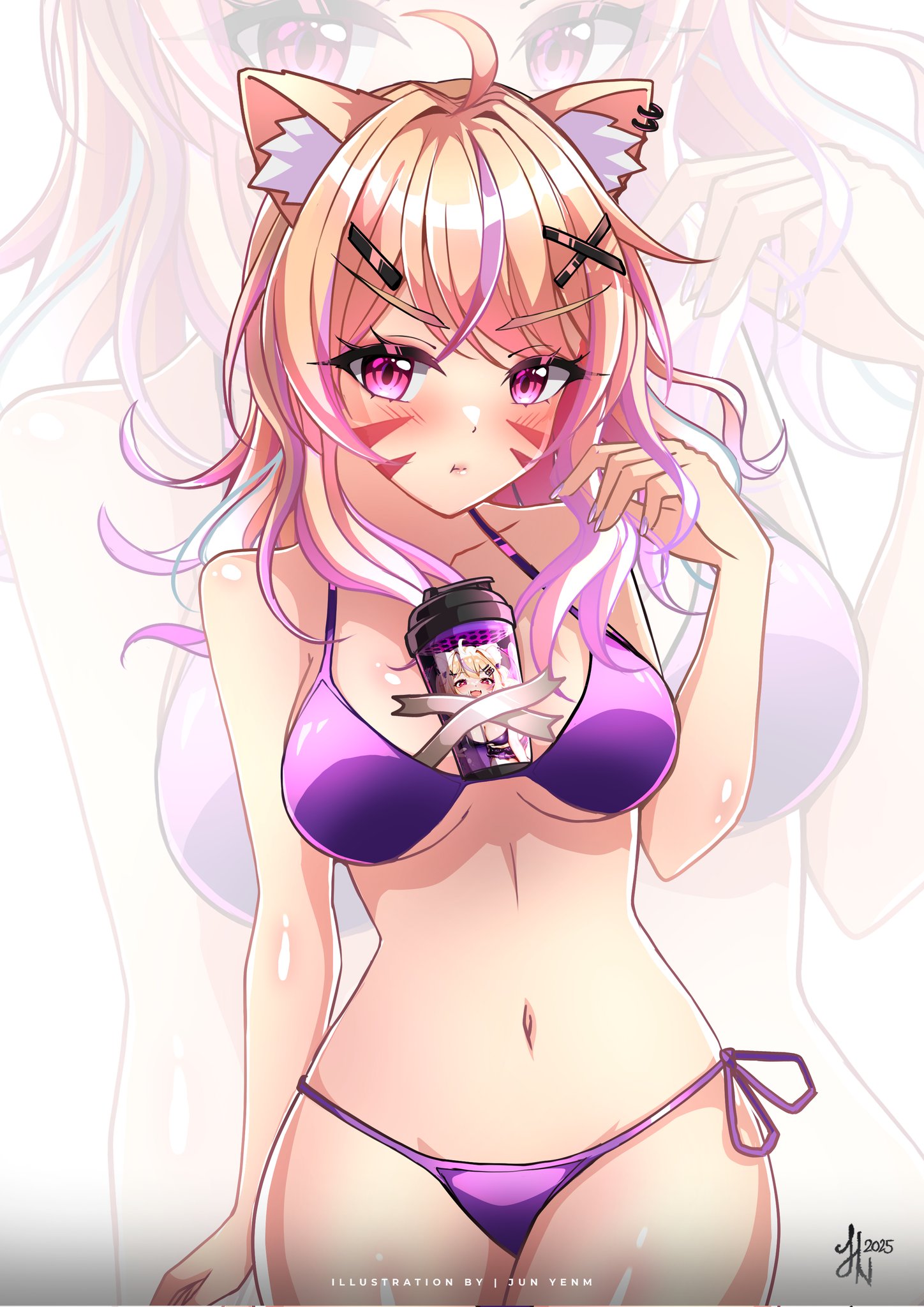 yenm, shyrei faolan, gamer supps, indie virtual youtuber, commentary, english commentary, highres, second-party source, 1girl, ahoge, animal ear fluff, animal ears, bikini, blonde hair, blush, breasts, cat ears, cat girl, cat tail, colored inner hair, cup, facial mark, long hair, looking at viewer, medium breasts, multicolored hair, navel, purple bikini, purple hair, red eyes, side-tie bikini bottom, solo, streaked hair, swimsuit, tail, two-tone hair, virtual youtuber, whisker markings, zoom layer