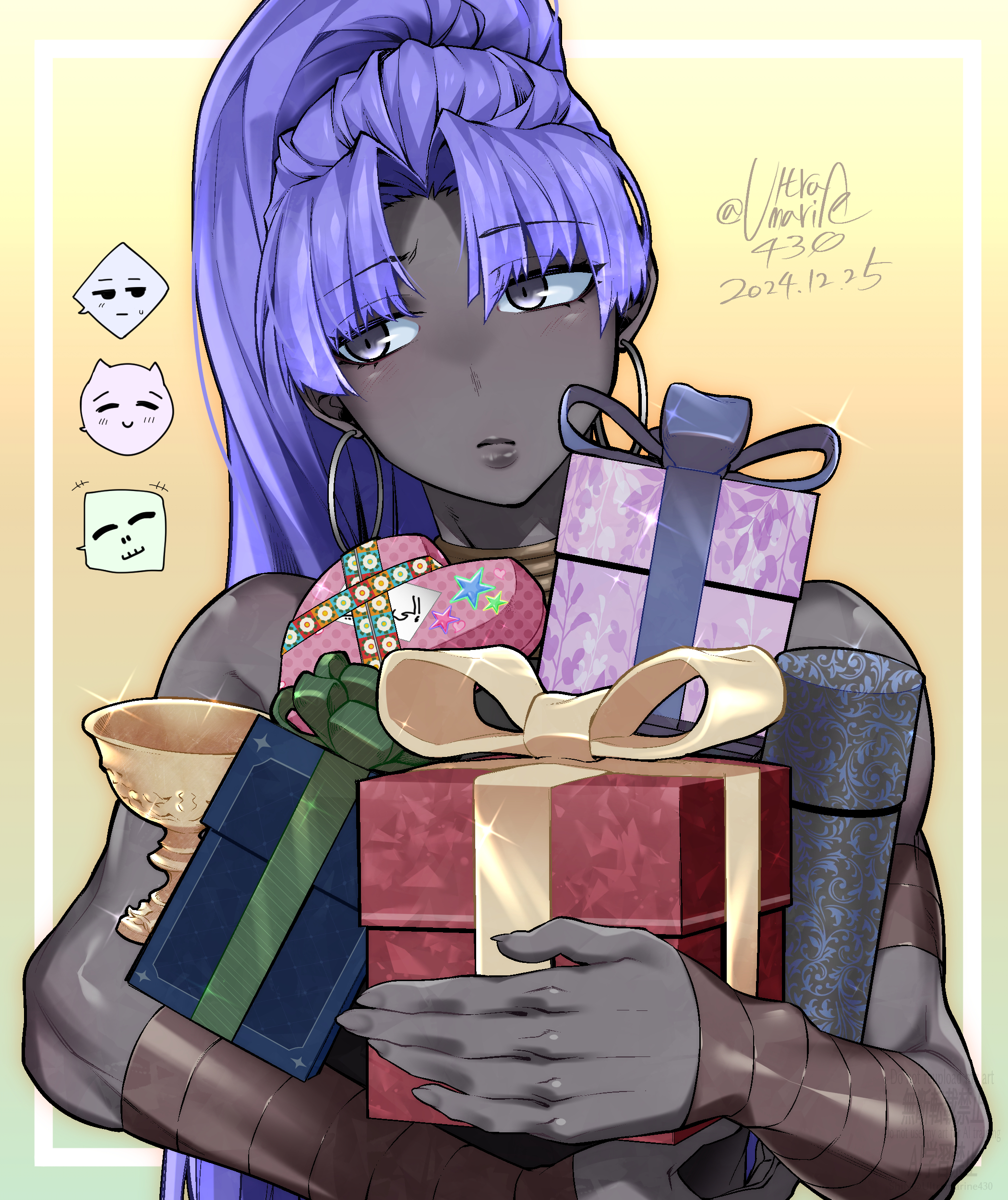 shin (ultramarine430), assassin (fate/zero), female assassin (fate/zero), fate/grand order, fate (series), absurdres, highres, 1girl, box, dark-skinned female, dark skin, dated, earrings, gift, gift box, grey eyes, heart-shaped box, holy grail (fate), hoop earrings, jewelry, purple hair, solo, twitter username, very dark skin