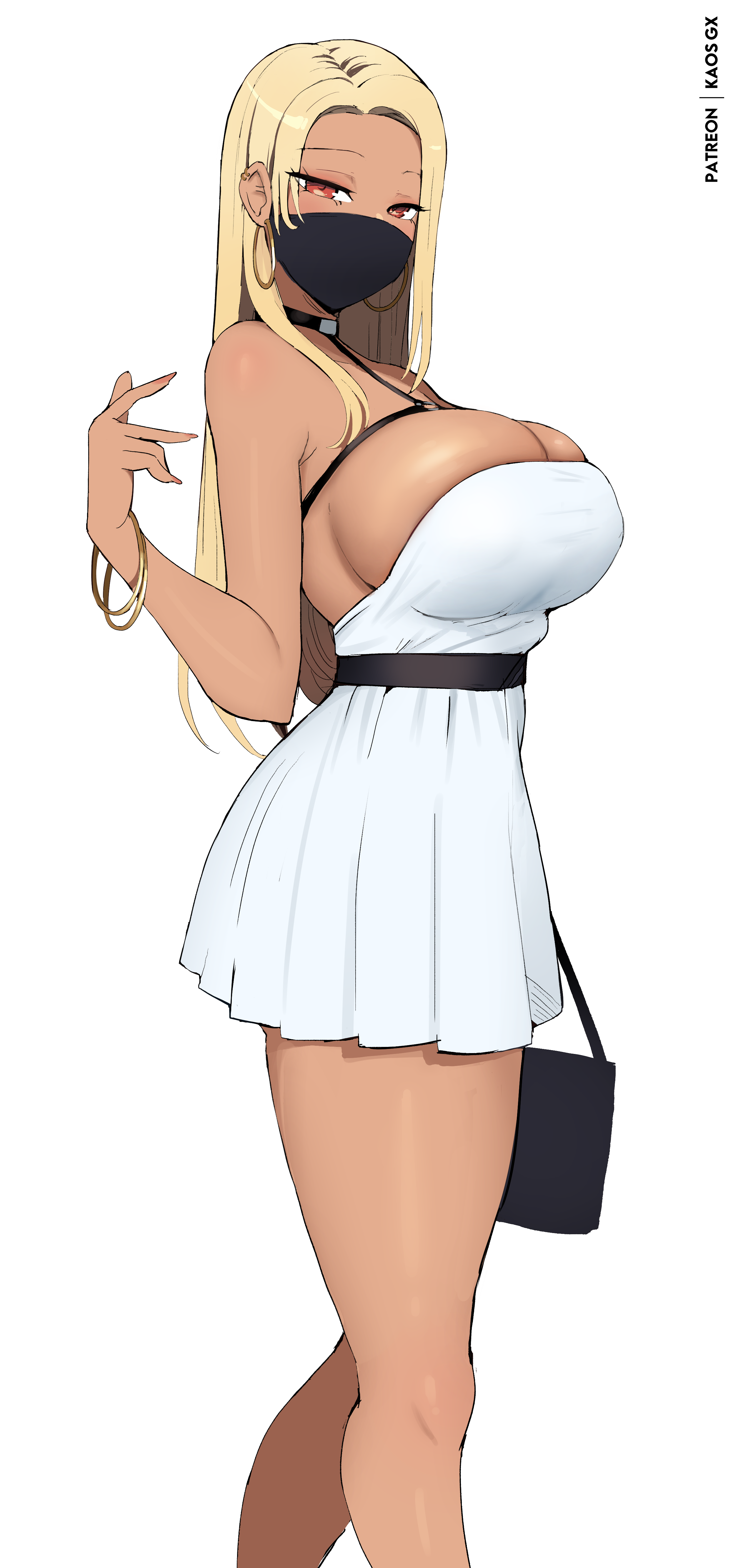 kaos art, original, absurdres, highres, 1girl, bangle, belt, black bag, black belt, black mask, blonde hair, bracelet, breasts, choker, covered mouth, dark-skinned female, dark skin, dress, ear piercing, earrings, feet out of frame, hand up, hoop earrings, jewelry, large breasts, long hair, looking at viewer, mask, mouth mask, multiple bracelets, o-ring, orange eyes, patreon username, piercing, pleated dress, short dress, simple background, solo, standing, strapless, strapless dress, tall female, very long hair, white background, white dress