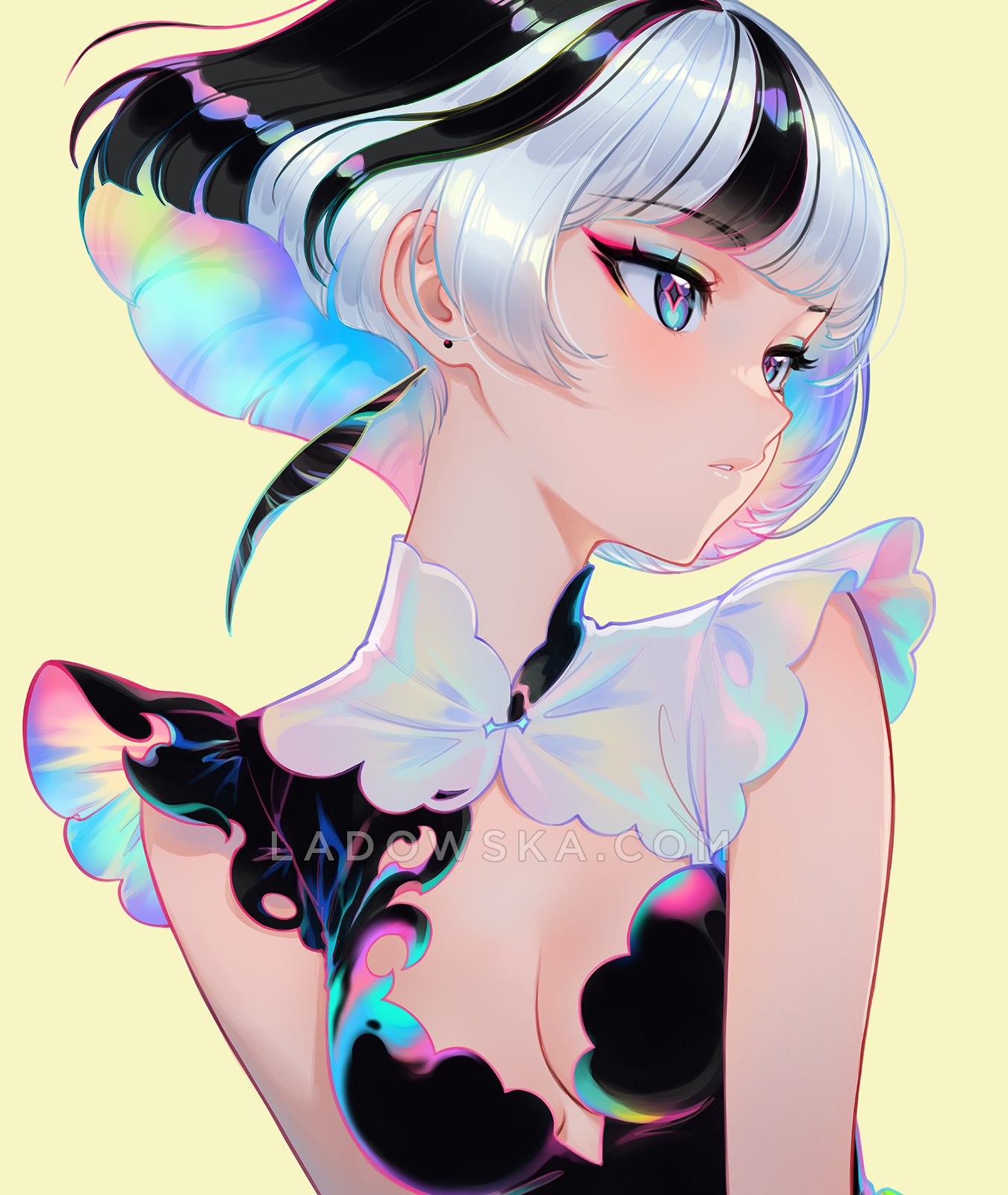 asia ladowska, commentary, english commentary, highres, 1girl, black hair, breasts, cleavage, earrings, jewelry, multicolored hair, short hair, simple background, solo, white hair
