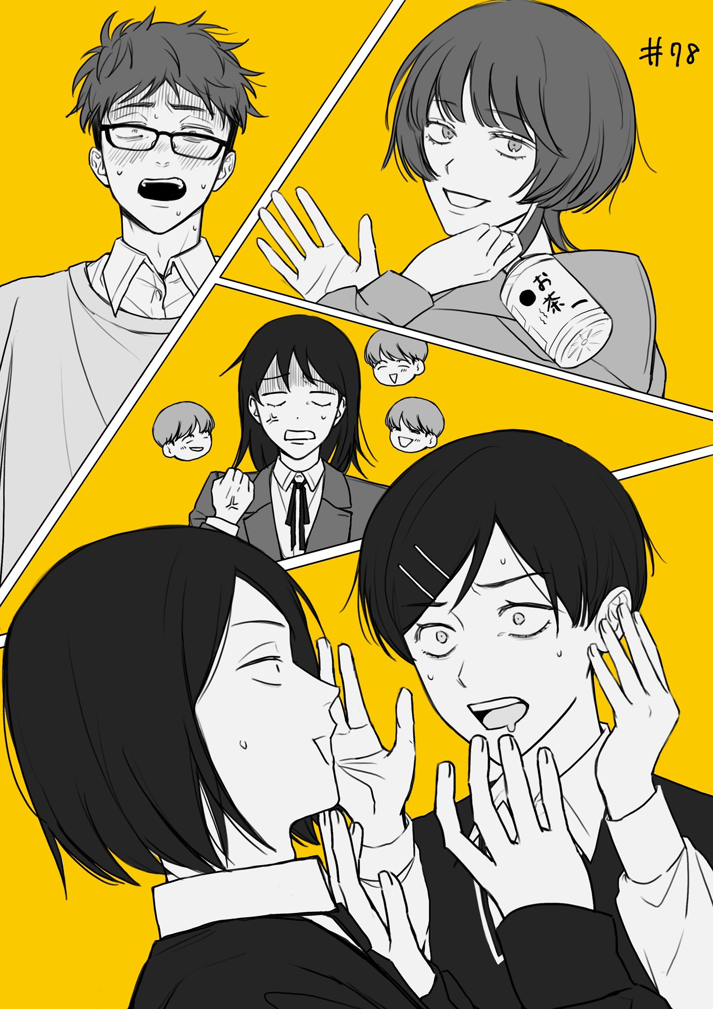 fujii ayame, hatono chihiro, kouyama rin, taguchi ryuuya, takami kouki, tohno gen, futsuu no keion-bu, commentary request, highres, 3boys, 3girls, anger vein, angry, blazer, bottle, clenched hand, collared shirt, cousins, crooked eyewear, dress shirt, drooling, eye contact, flustered, glasses, greyscale with colored background, hair ornament, hairpin, hands up, head only, holding, holding bottle, jacket, looking at another, mouth drool, multiple boys, multiple girls, neck ribbon, nervous sweating, open mouth, parted bangs, pixie cut, ribbon, sakuyuimoto, scene reference, school uniform, shaded face, shirt, short hair, sweat, sweater, sweater vest, teeth, upper teeth only, waving, wolf cut, yellow background