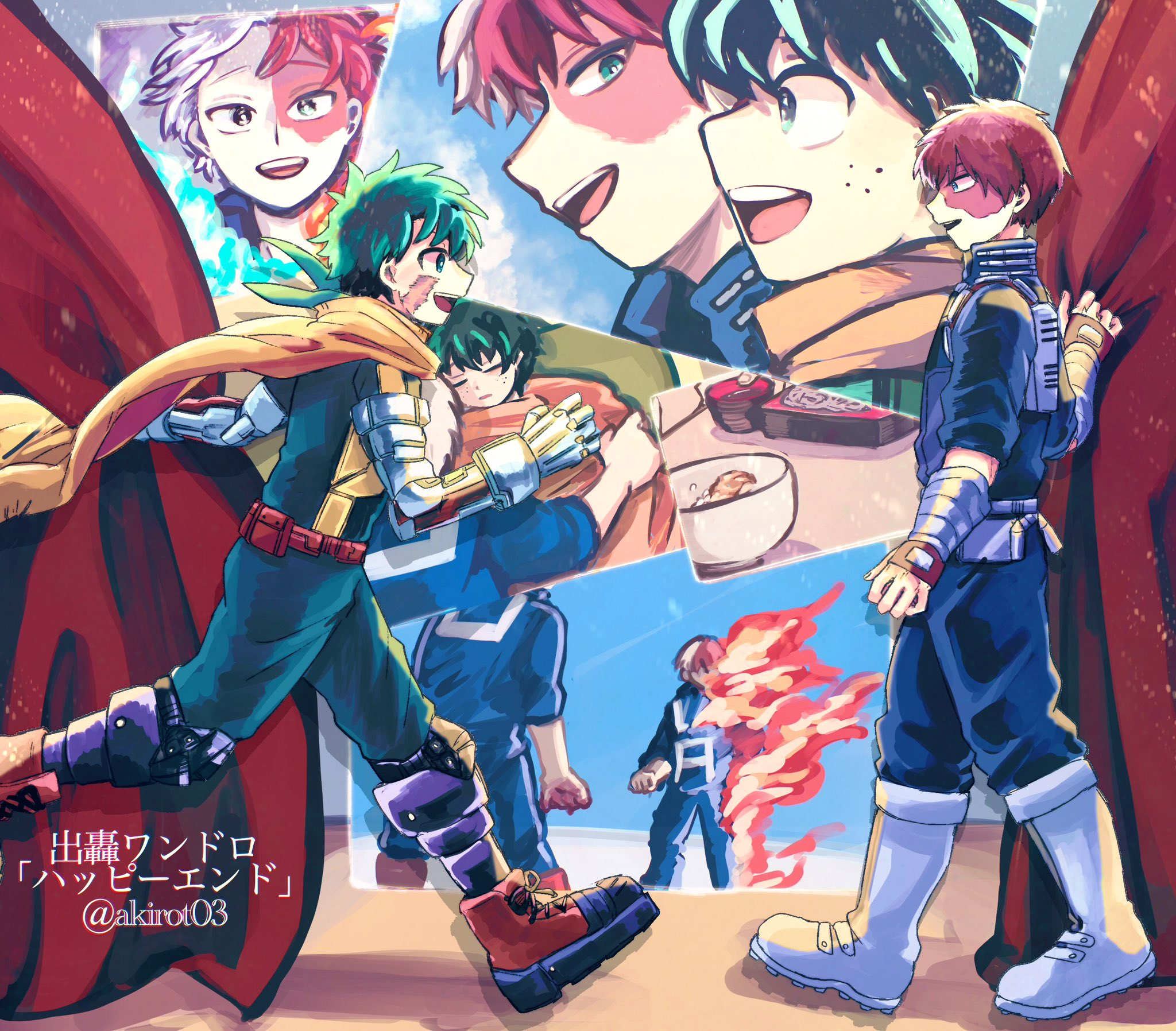 midoriya izuku, todoroki shoto, boku no hero academia, 2boys, akirot03, blanket, cape, fire, food, freckles, green hair, katsudon (food), multiple boys, noodles, red hair, scar, smile, soba, sportswear, stage, superhero costume, tododeku, white hair