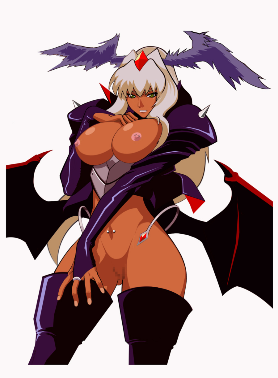 masami obari, shampooneko, nailkaiser, angel blade, highres, angel wings, bat wings, breasts, bridal gauntlets, censored, curvy, dark skin, green eyes, huge breasts, large breasts, lipstick, long hair, navel piercing, no panties, piercing, plump, pussy, smile, solo, thick thighs, thighhighs, thighs, very long hair, white hair, wide hips, wings