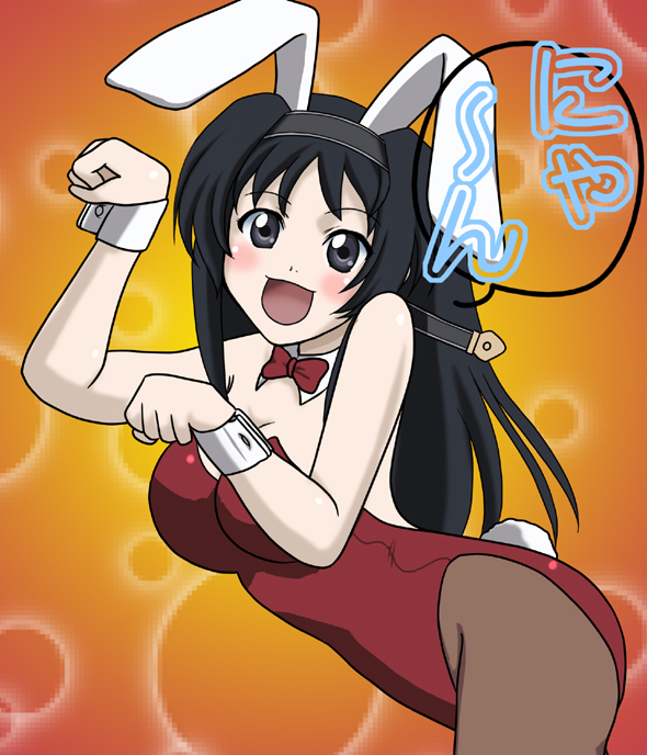 sora (aki00), kaaya, druaga no tou, animal ears, bow, bowtie, brown pantyhose, detached collar, fake animal ears, leotard, nyan, pantyhose, paw pose, playboy bunny, rabbit ears, rabbit tail, red bow, red bowtie, solo, tail, wrist cuffs