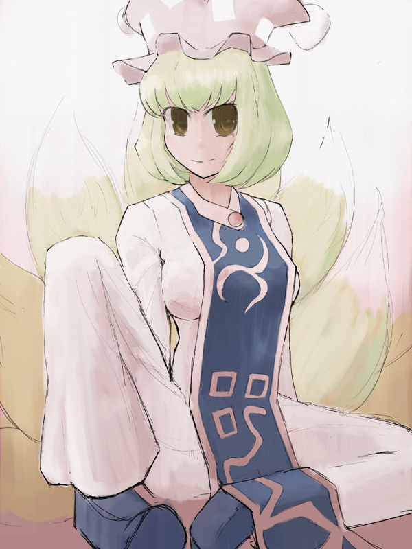nakedgeneral, yakumo ran, touhou, bad id, bad pixiv id, 1girl, animal ears, animal hat, blonde hair, female focus, fox ears, fox tail, hat, long sleeves, mob cap, pants, shoes, short hair, sleeves past wrists, solo, tail