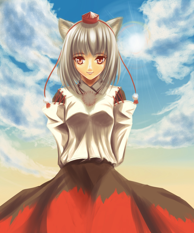asagi (artist), asagi (xeelee), inubashiri momiji, touhou, 1girl, animal ears, female focus, hat, long skirt, short hair, skirt, solo, white hair, wolf ears