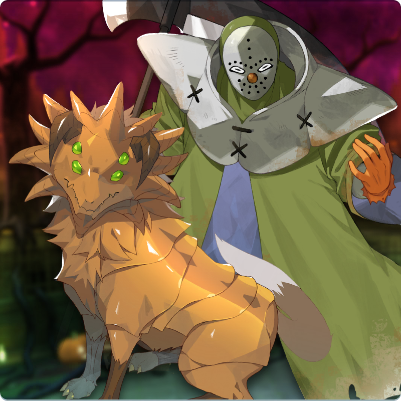 tiger (monster farm), line: monster farm, monster farm, official art, blodshed (monster farm), horns, jagd hound (monster farm), joker (monster farm), mask, monster, multiple eyes, scythe