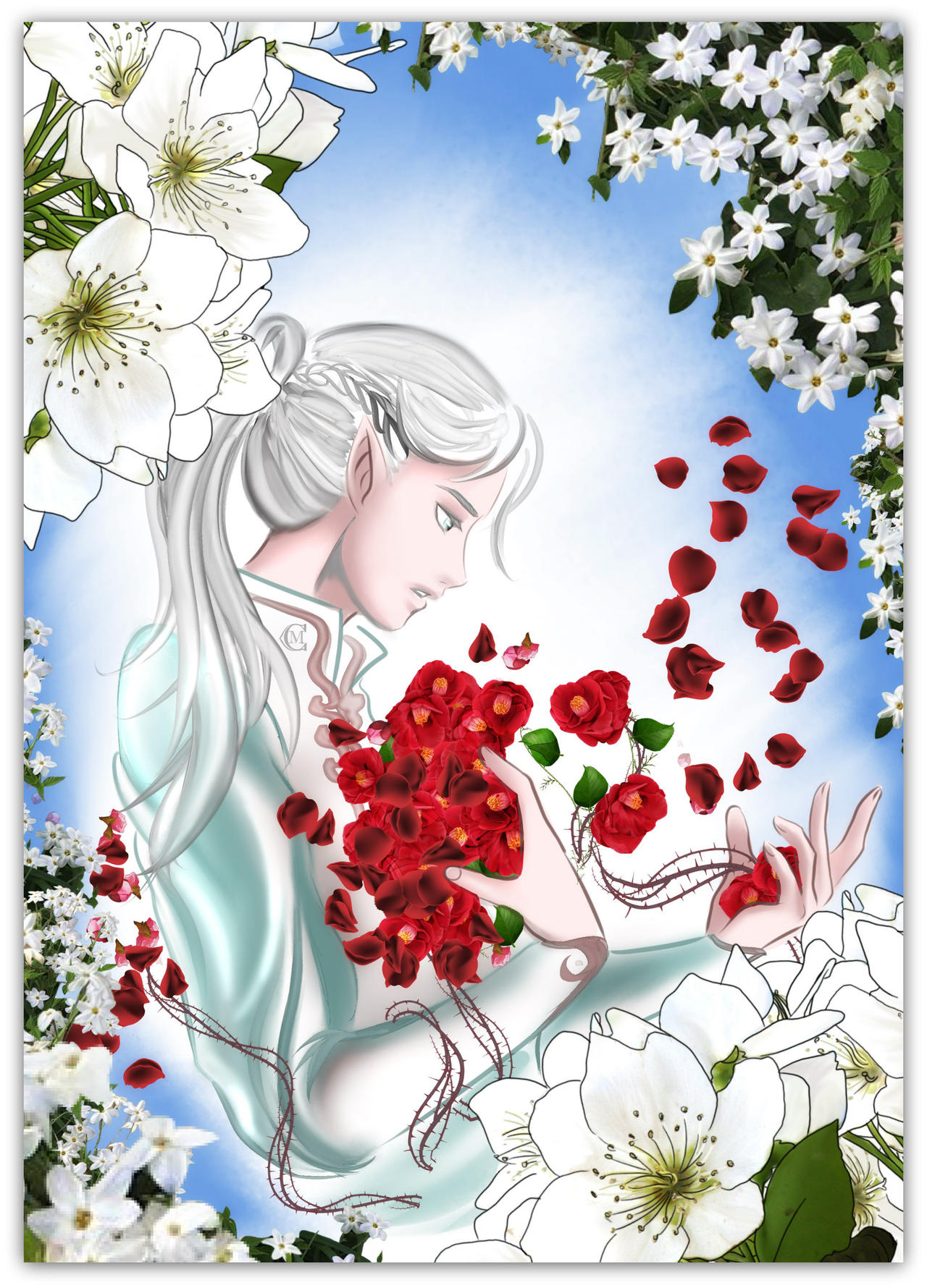 cinemairon, beleg, the silmarillion, tolkien's legendarium, 1boy, androgynous, braid, collar, crown braid, elf, eyelashes, floating, floating object, flower, grey eyes, grey hair, looking down, male focus, parted lips, petals, pointy ears, ponytail, profile, red flower, solo, teeth, thorns, upper teeth only, white flower