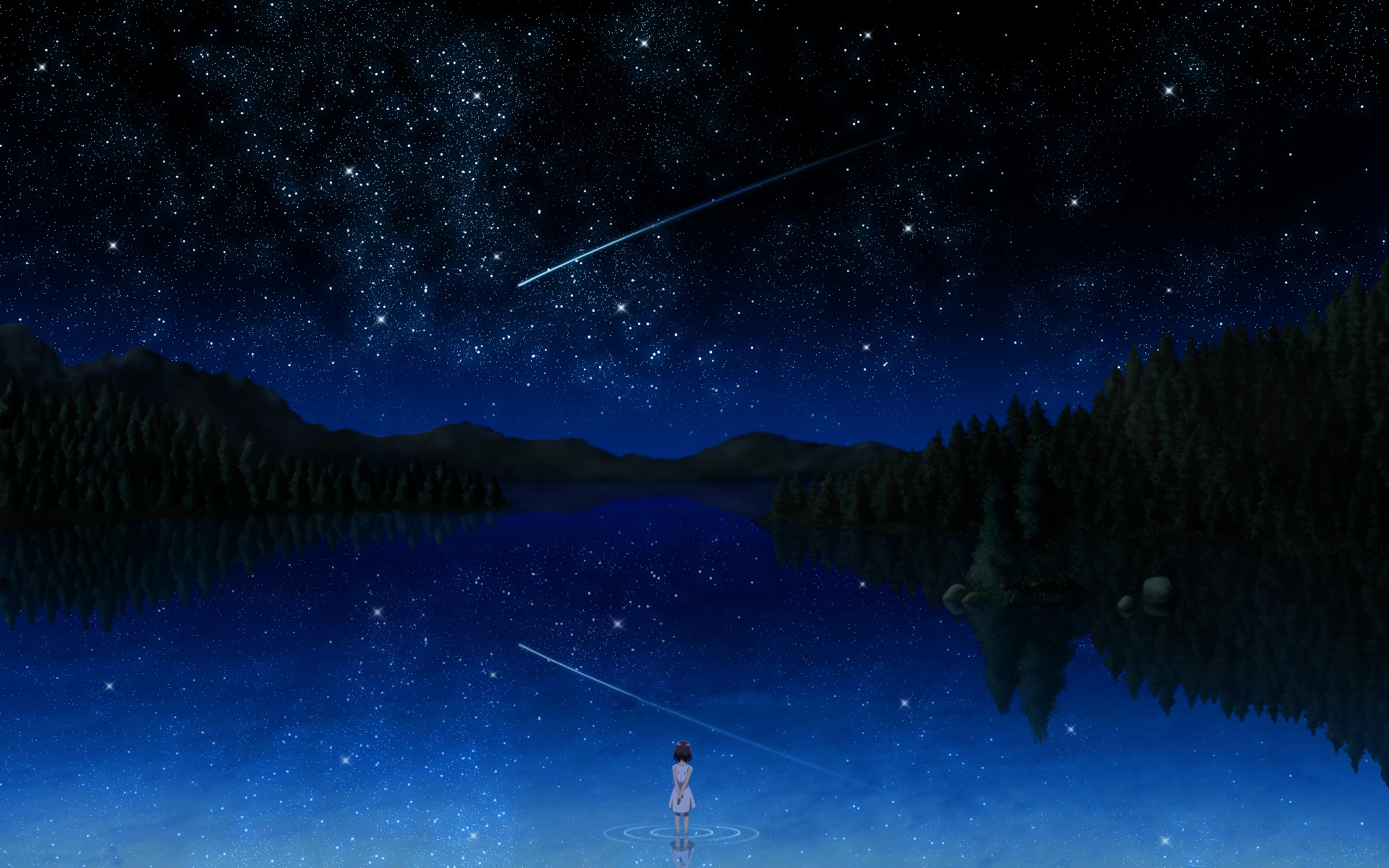darker than black, highres, 00s, 1girl, bai (darker than black), female focus, reflection, shooting star, sky, solo, star (sky), star (symbol), starry sky, tree, water