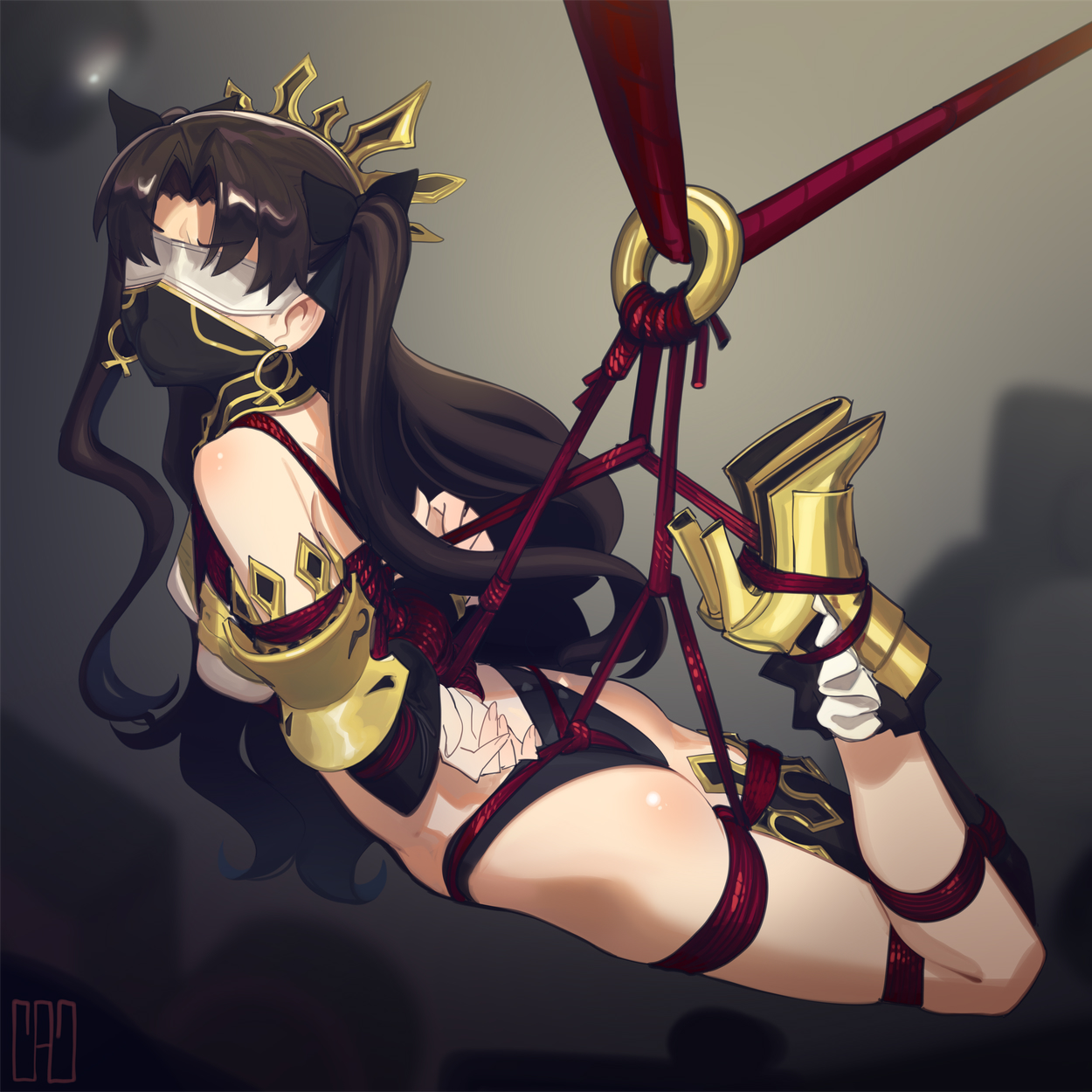 cad (caddo), ishtar (fate), fate/grand order, fate (series), highres, 1girl, armlet, ass, bare shoulders, bikini, black hair, black thighhighs, blindfold, blush, breasts, detached sleeves, earrings, gag, gold trim, hair ribbon, high heels, hoop earrings, jewelry, long hair, medium breasts, mismatched bikini, neck ring, parted bangs, red eyes, restrained, ribbon, rope, single detached sleeve, single thighhigh, suspension, swimsuit, thighhighs, thighlet, tiara, two side up