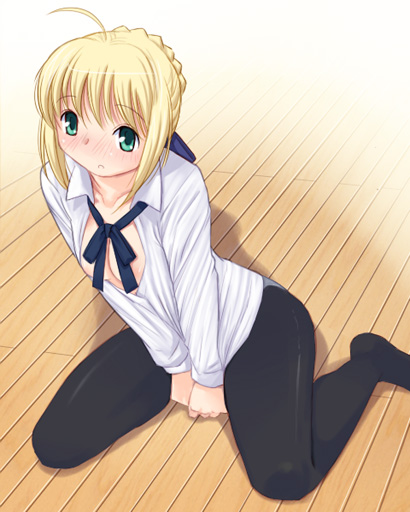 katatsuka kouji, artoria pendragon (fate), saber (fate), fate/stay night, fate (series), bad id, bad pixiv id, 00s, blonde hair, blush, covering crotch, covering privates, green eyes, pantyhose, shirt tug, solo