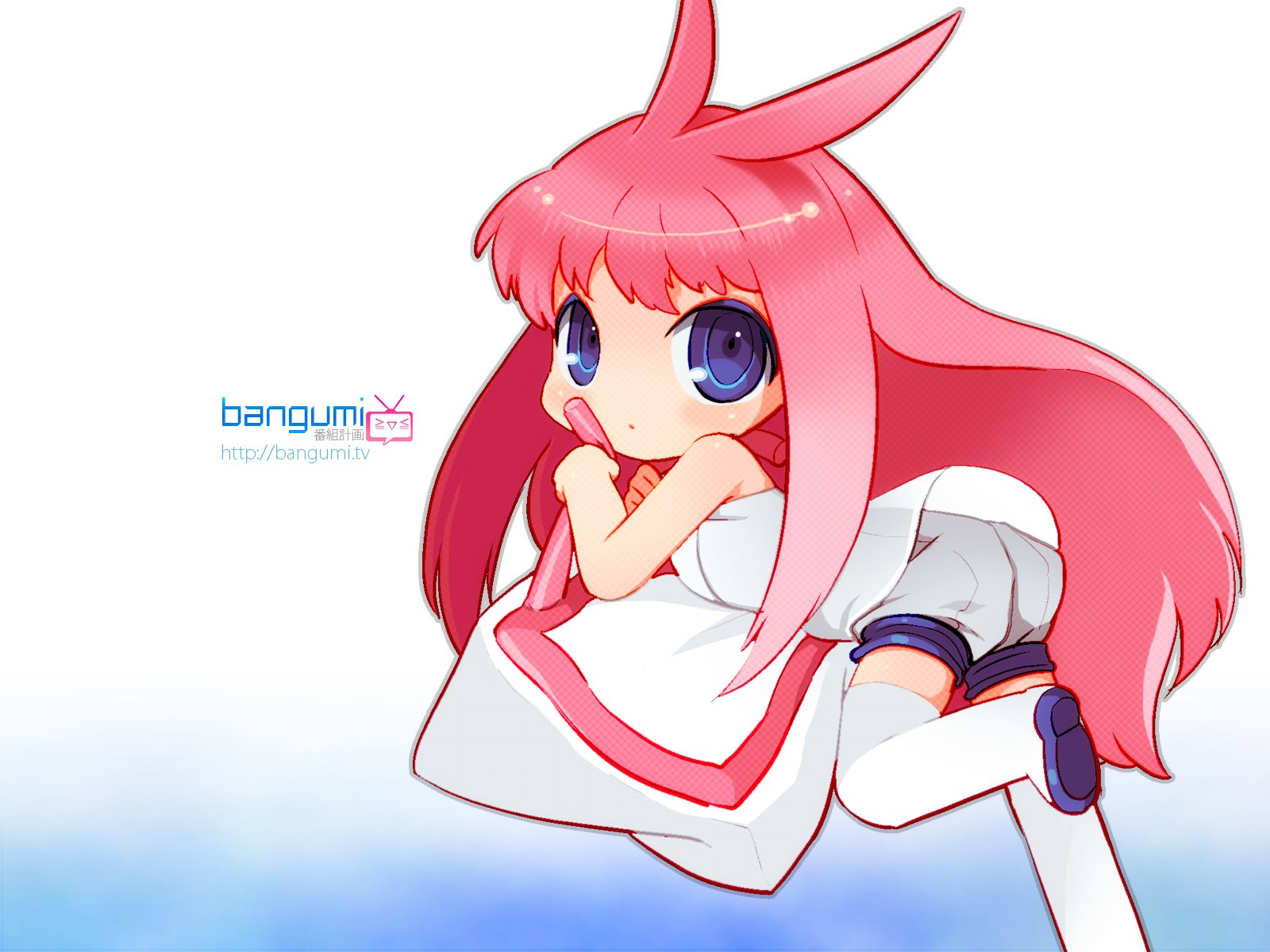 mao yu, bangumi girl, bangumi.tv, highres, official art, official wallpaper, second-party source, 1girl, antenna hair, bare arms, bare shoulders, ben-day dots, blue eyes, blush, boots, chinese text, closed mouth, coat dress, colored shoe soles, deformed, dress, english text, expressionless, gradient hair, grey outline, grey romper, high-low dress, long hair, looking at viewer, lying, mascot, multicolored hair, no nose, on stomach, outline, pillow, romper, screentones, see-through clothes, see-through dress, shoe soles, simple background, solo, straight hair, strapless, strapless dress, tareme, thigh boots, very long hair, watermark, web address, white background, white dress