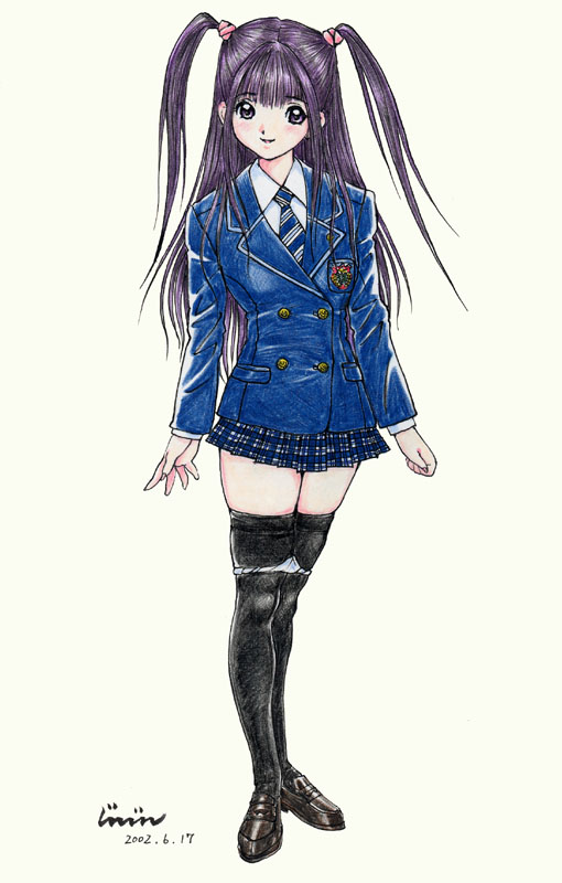 jinjin, black thighhighs, long hair, miniskirt, necktie, panties, panty pull, purple eyes, purple hair, school uniform, serafuku, skirt, solo, thighhighs, twintails, underwear, zettai ryouiki