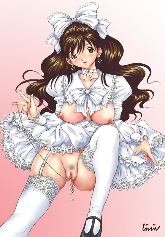 jinjin, lace-trimmed legwear, 1girl, blush, breasts, brown hair, censored, chain, choker, clitoris piercing, dress, earrings, female focus, female pubic hair, garter belt, garter straps, gradient background, jewelry, labia piercing, lace, lace trim, large breasts, leg up, legs, linked piercing, long hair, looking at viewer, mary janes, nipple chain, nipple piercing, nipple pull, nipple rings, nipple stimulation, nipples, no panties, orange eyes, piercing, pubic hair, pussy, pussy juice, pussy piercing, ribbon, shoes, simple background, smile, solo, thighhighs, thighs, white dress, white thighhighs