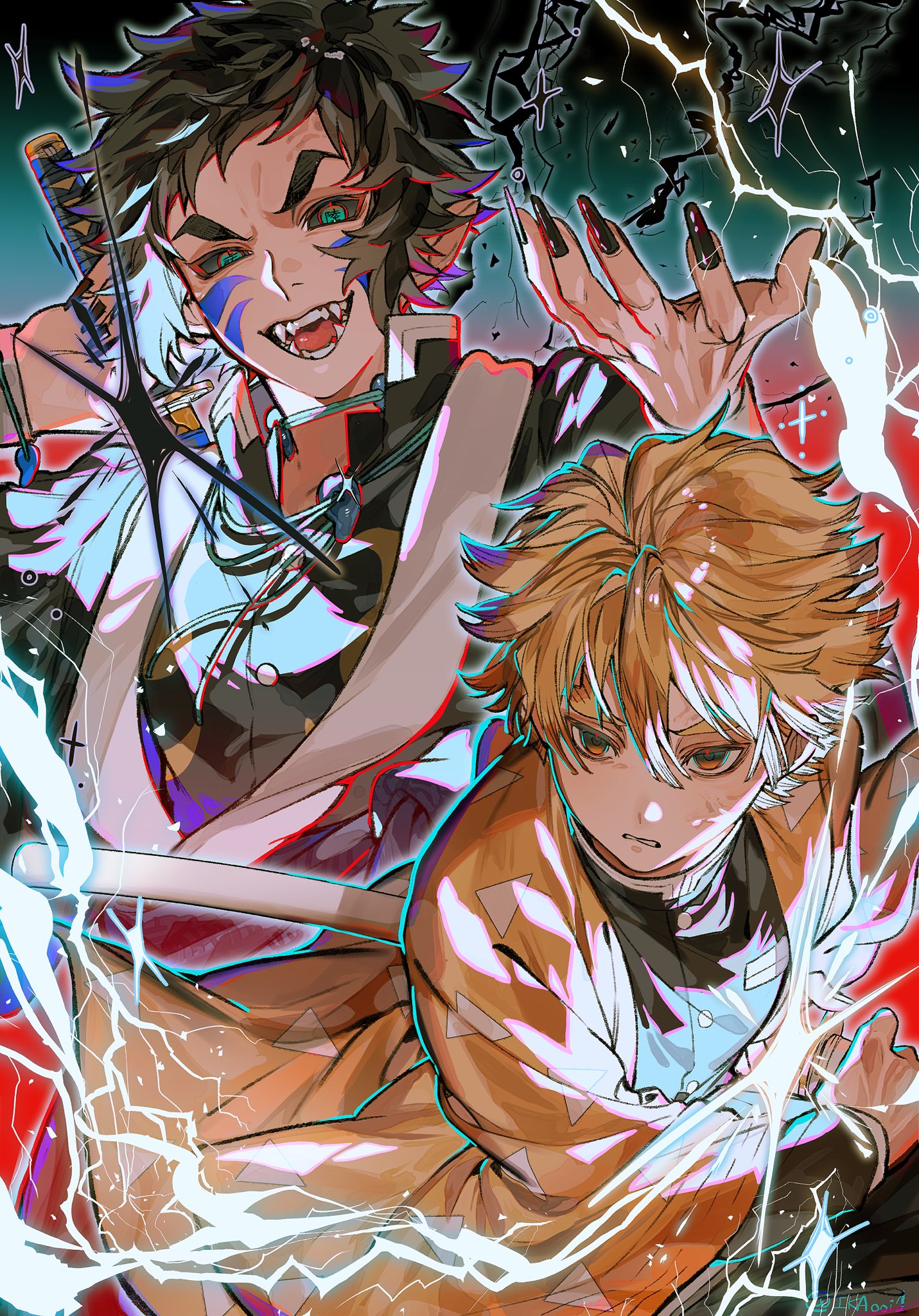 ikaooi1, agatsuma zenitsu, kaigaku, kimetsu no yaiba, highres, 2boys, black hair, blonde hair, demon, demon slayer uniform, electricity, fighting stance, haori, japanese clothes, male focus, multiple boys, triangle print, yellow haori