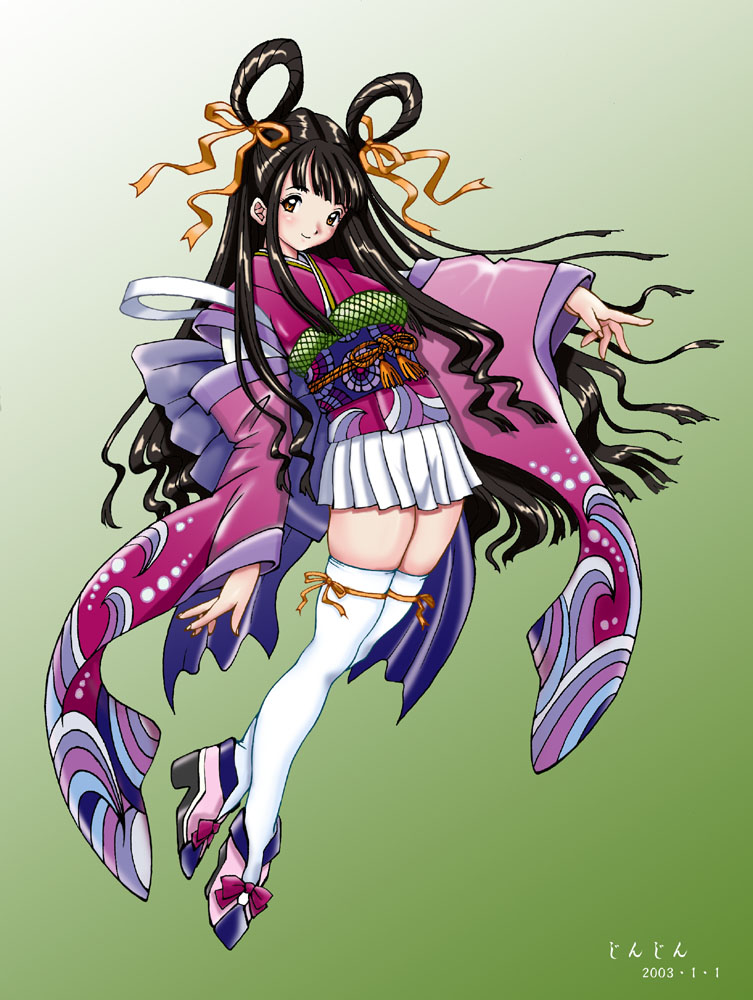 jinjin, 1girl, black hair, blush, female focus, full body, gradient background, high heels, japanese clothes, long hair, orange eyes, pointing, shoes, skirt, smile, solo, thighhighs, very long hair, white thighhighs, yellow eyes